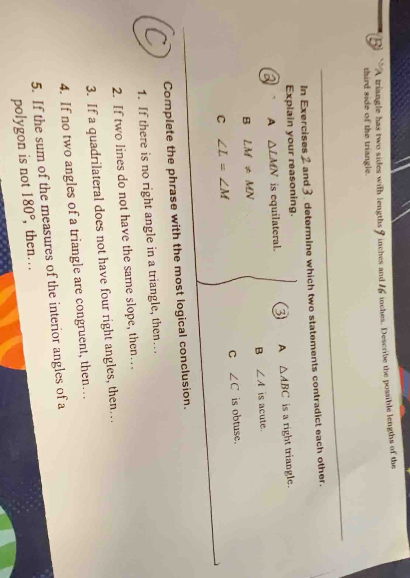 b a triangle has two sides with lengths 9 inches and 16 inches. describ…