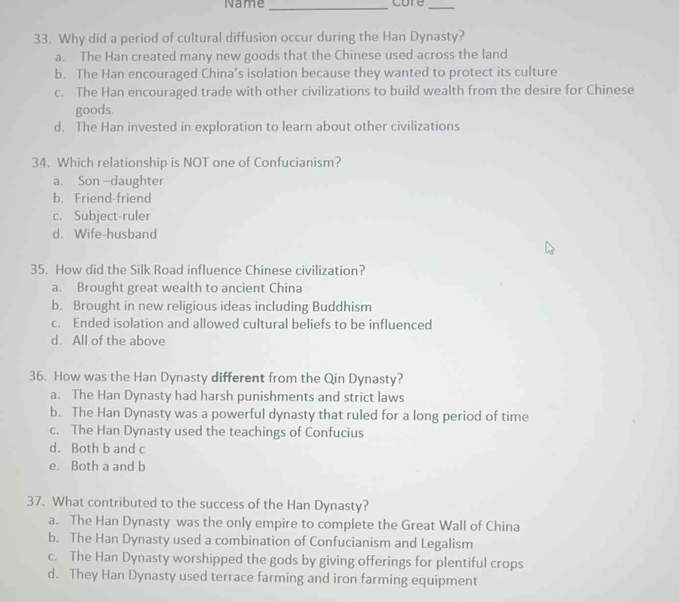 name ______ core ____33. why did a period of cultural diffusion occur d…