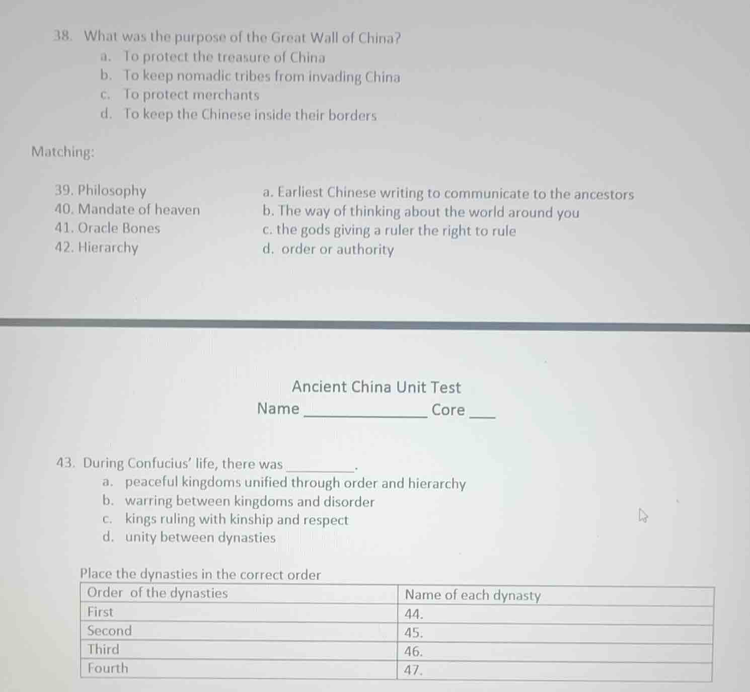 38. what was the purpose of the great wall of china? a. to protect the …