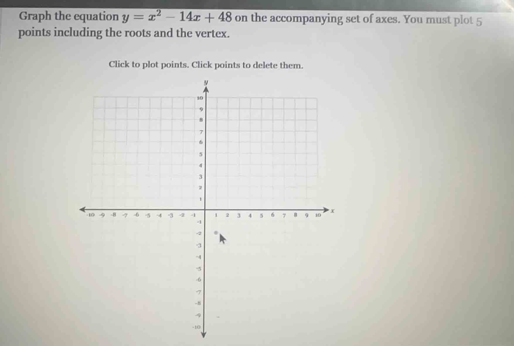 graph the equation $y = x^2 - 14x + 48$ on the accompanying set of axes. you must plot 5 points including the roots and the vertex.\nclick to plot points. click points to delete them.