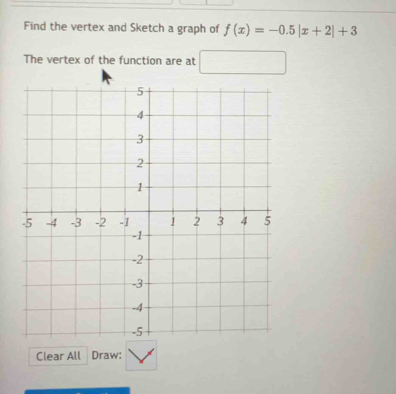 find the vertex and sketch a graph of $f(x) = -0.5 |x + 2| + 3$ the ver…