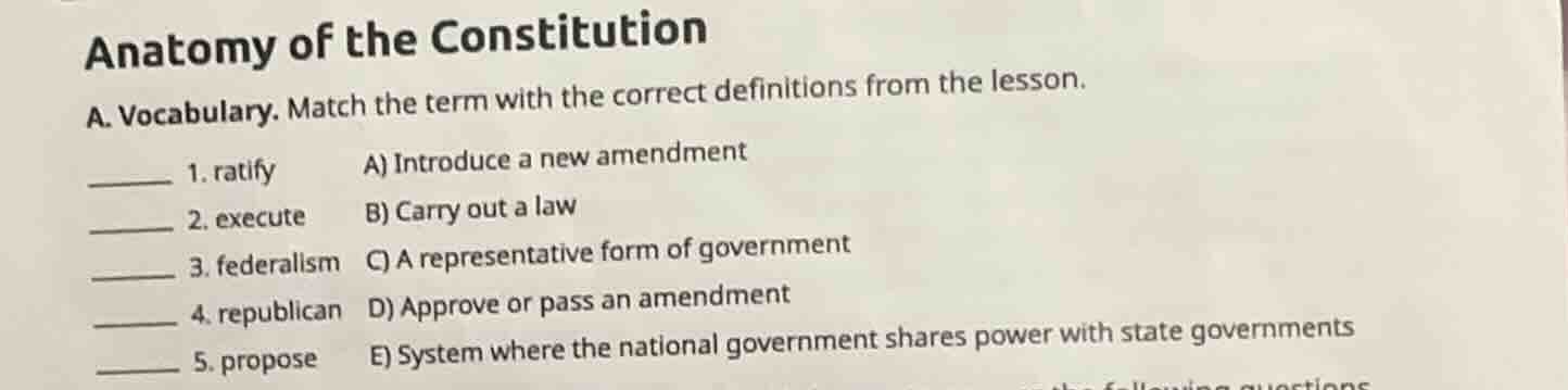 anatomy of the constitution a. vocabulary. match the term with the corr…