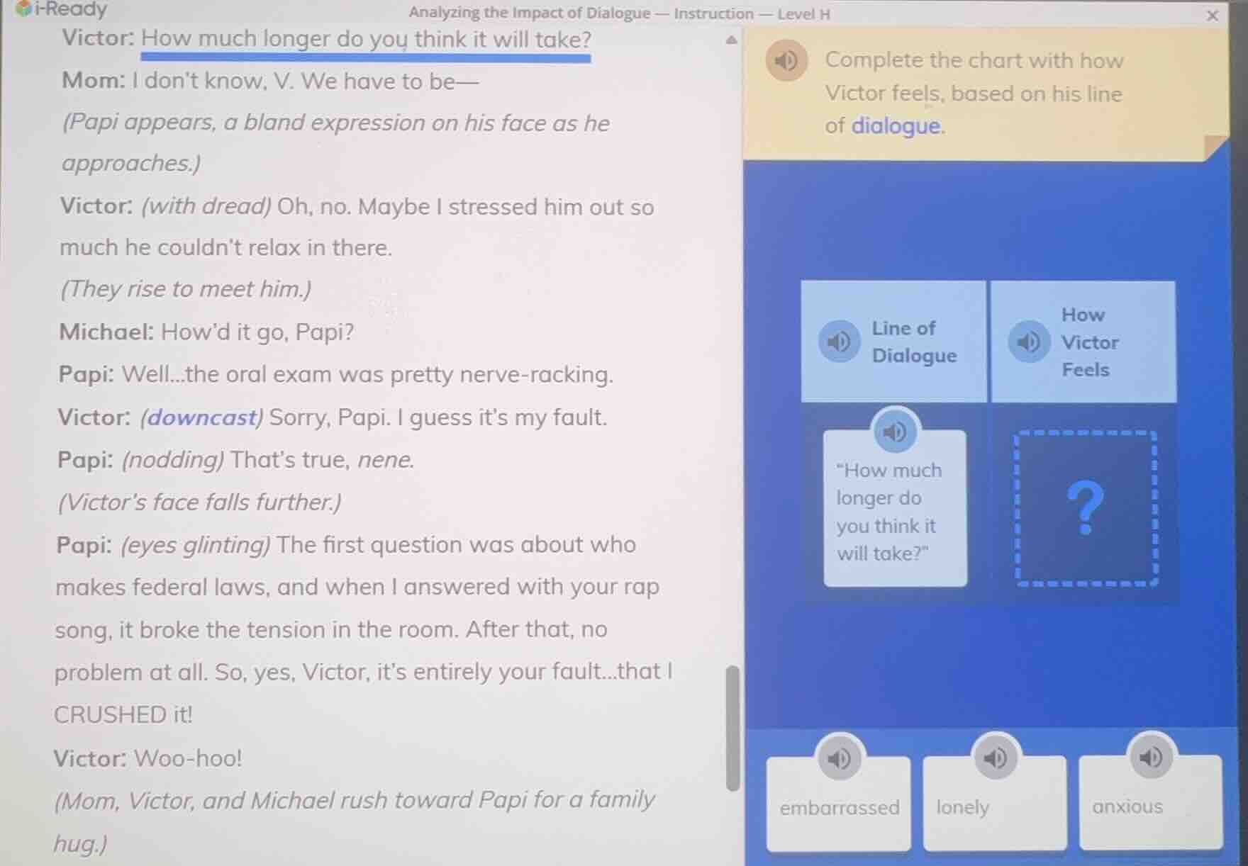 analyzing the impact of dialogue — instruction — level h victor: how mu…
