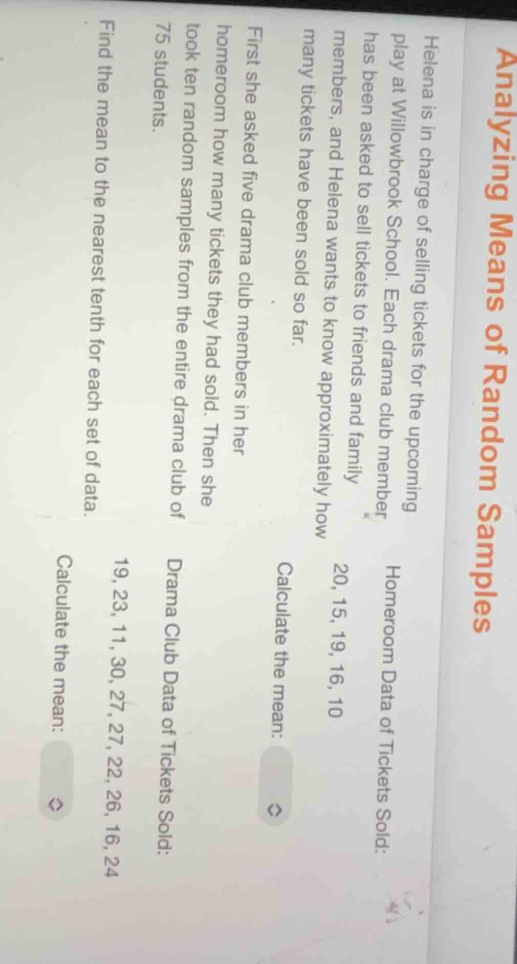 analyzing means of random samples helena is in charge of selling ticket…