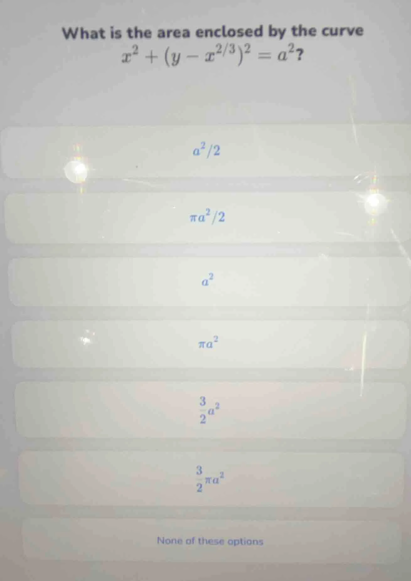 what is the area enclosed by the curve $x^{2}+(y-x^{2/3})^{2}=a^{2}$? $…