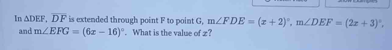 in $delta def$, $overline{df}$ is extended through point f to point g, …
