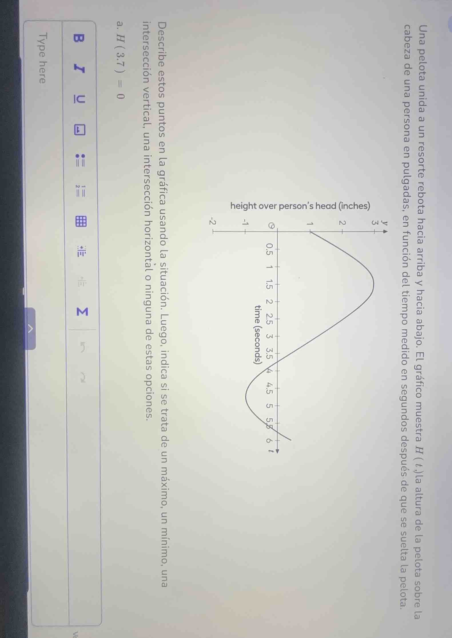 una pelota unida a un resorte rebota hacia arriba y hacia abajo. el grá…