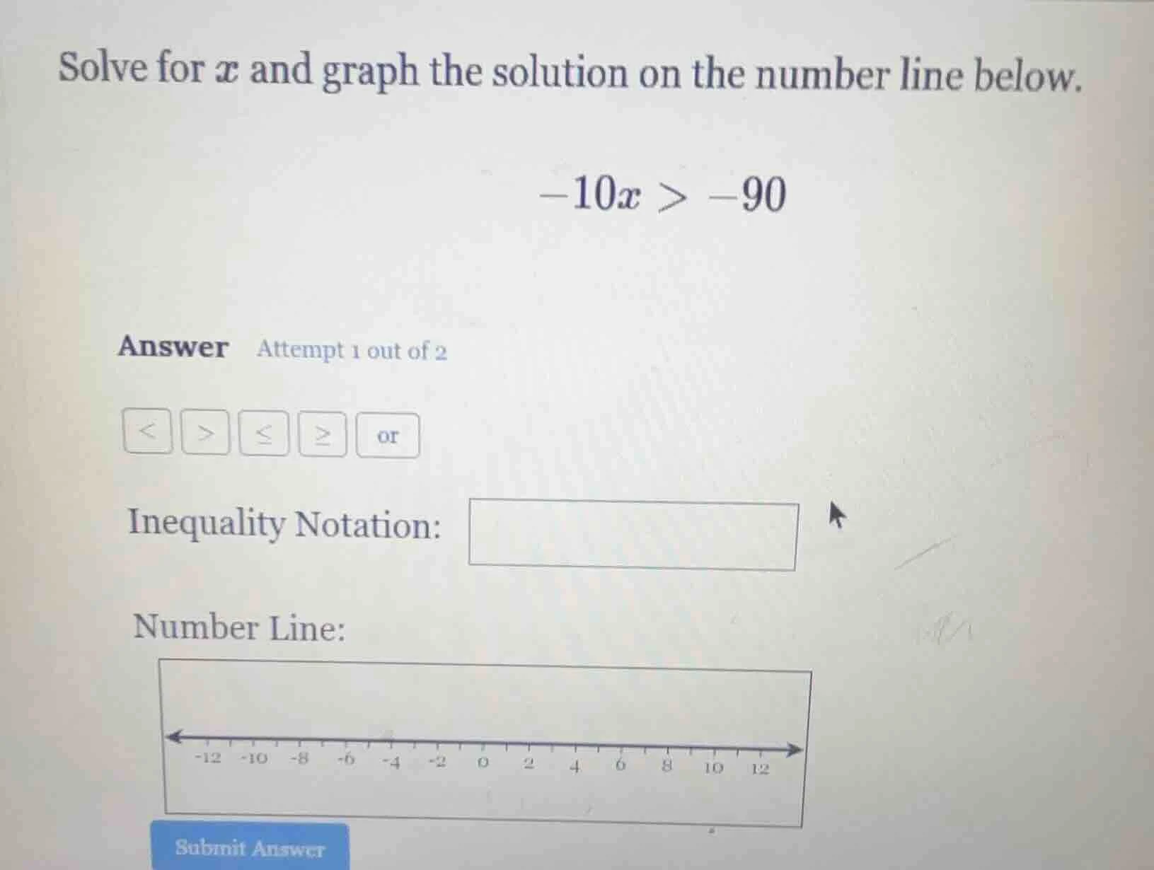 solve for $x$ and graph the solution on the number line below. $-10x > …