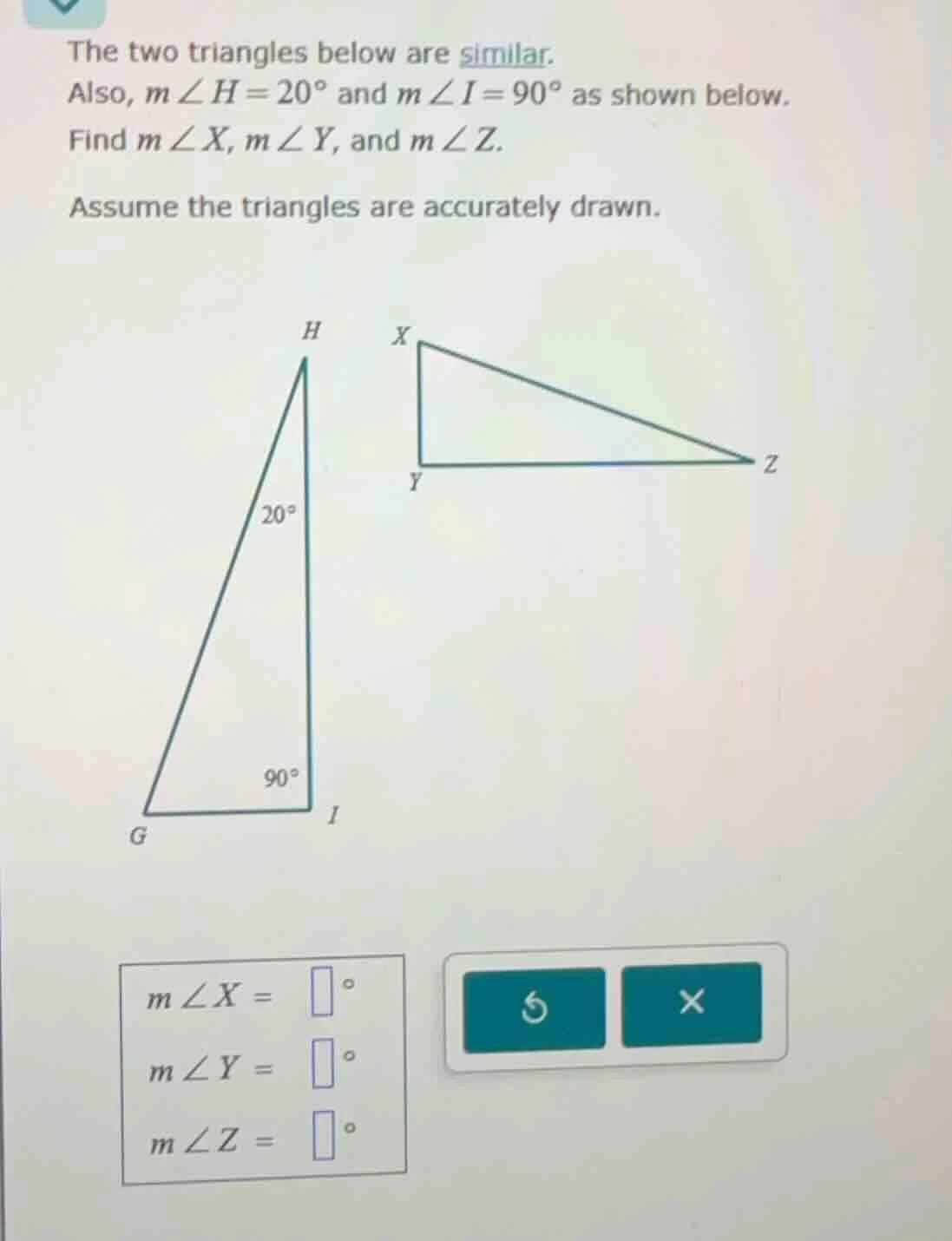 the two triangles below are similar. also, $m\\angle h=20^\\circ$ and $…