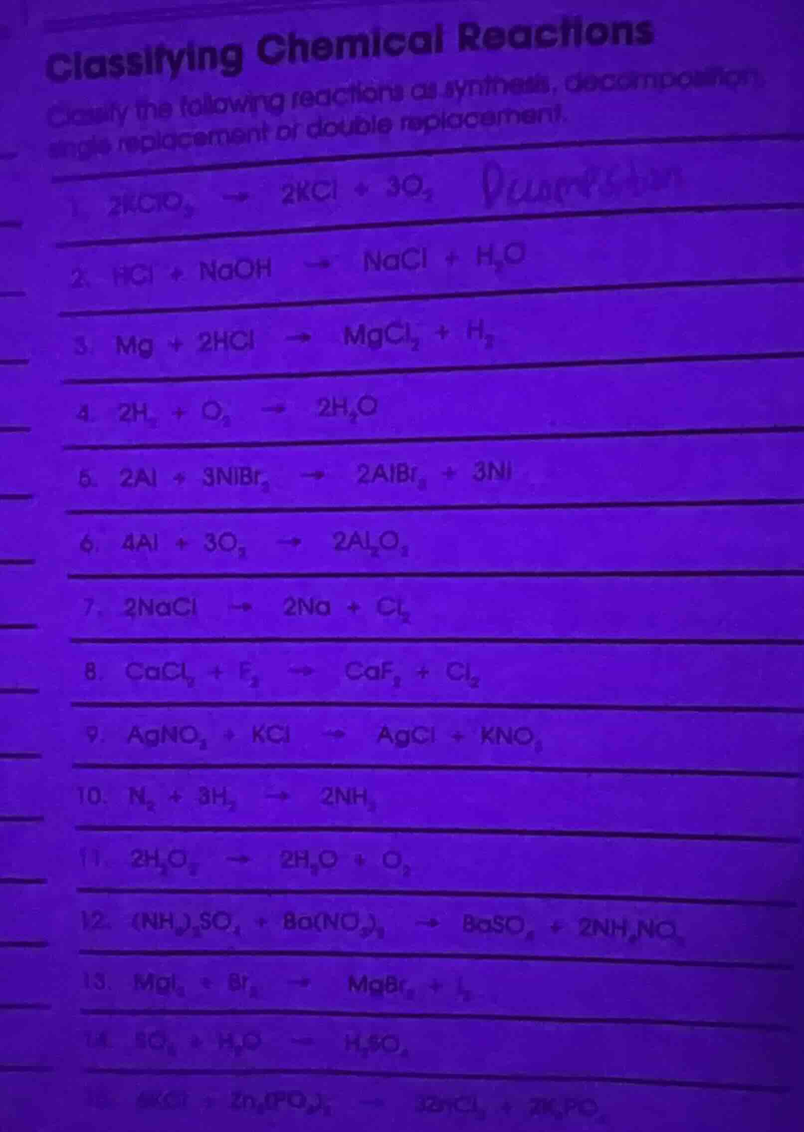 classifying chemical reactions classify the following reactions as synt…