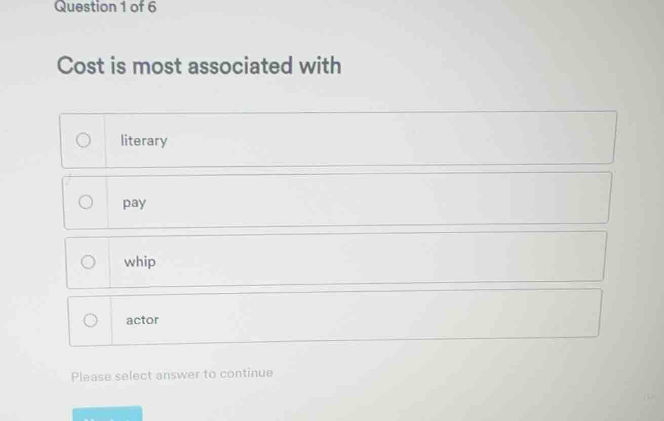 question 1 of 6 cost is most associated with literary pay whip actor pl…