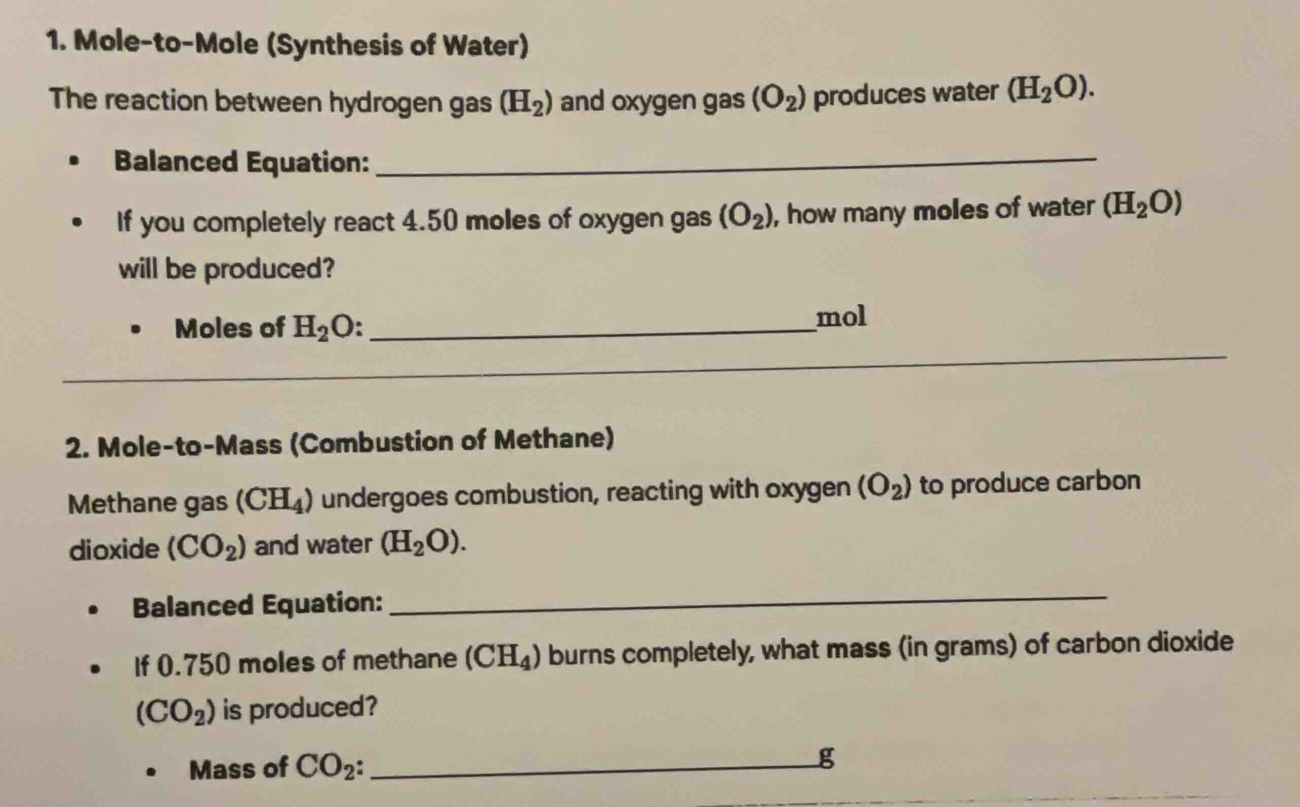 1. mole-to-mole (synthesis of water)the reaction between hydrogen gas (…