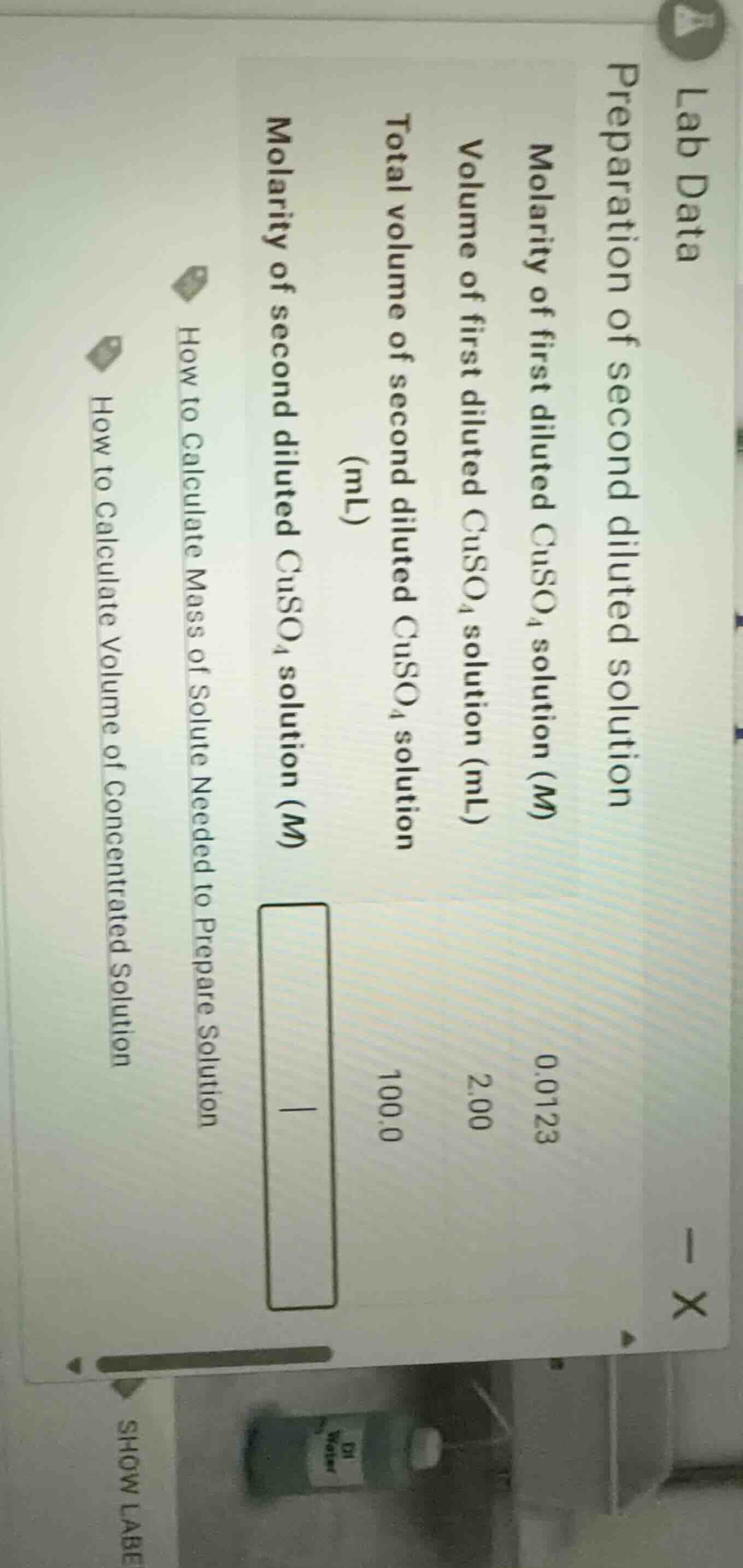 lab data preparation of second diluted solution molarity of first dilut…