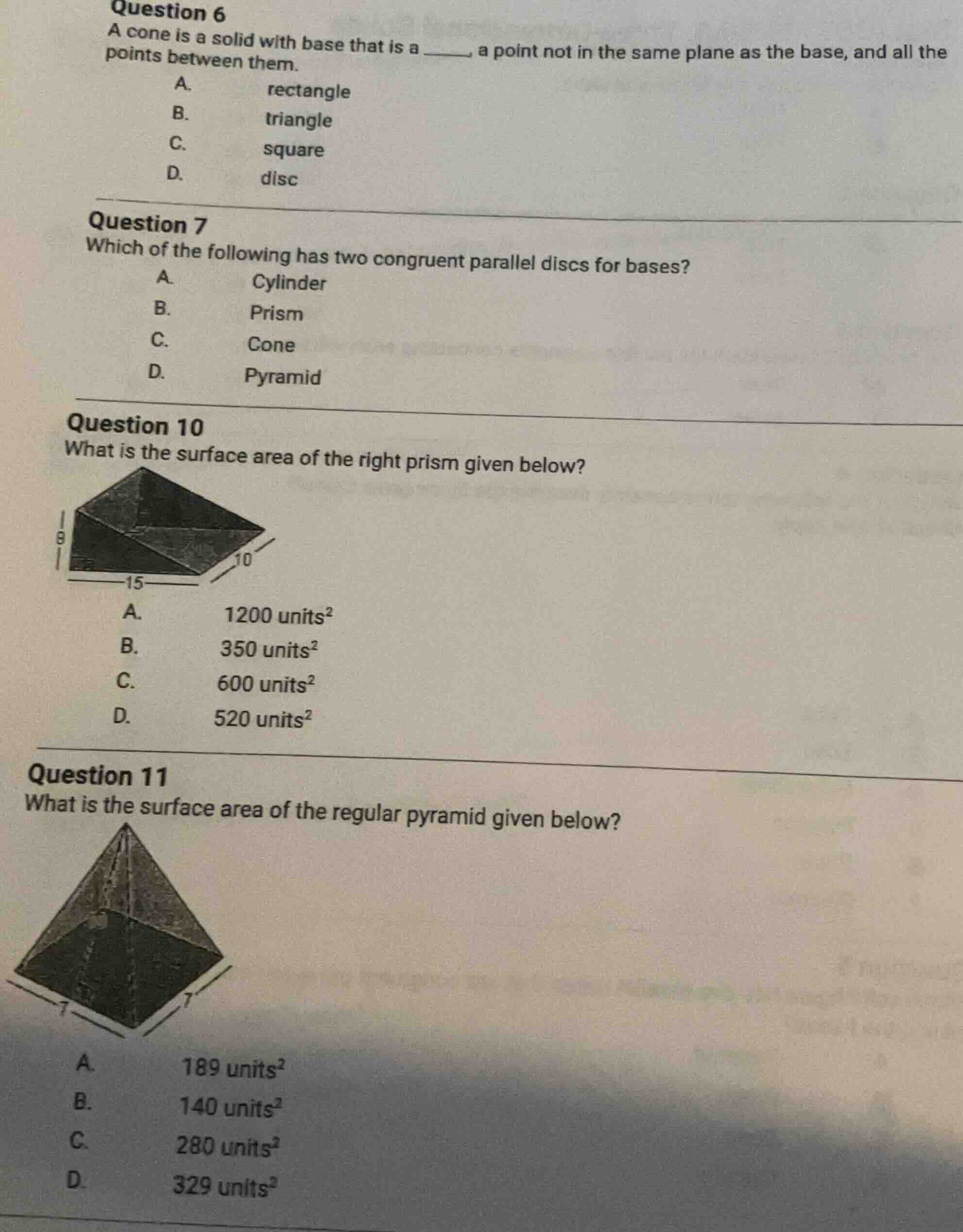 question 6 a cone is a solid with base that is a ______, a point not in…