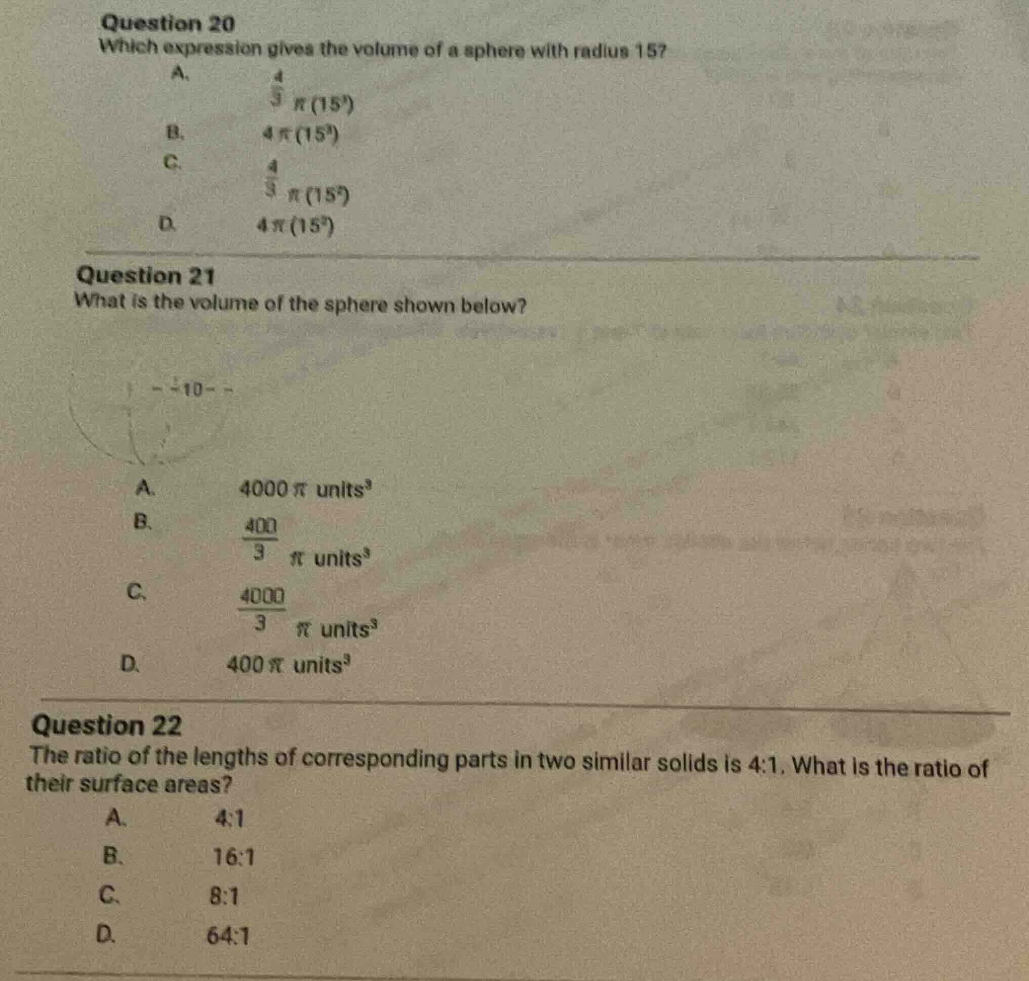 question 20 which expression gives the volume of a sphere with radius 1…