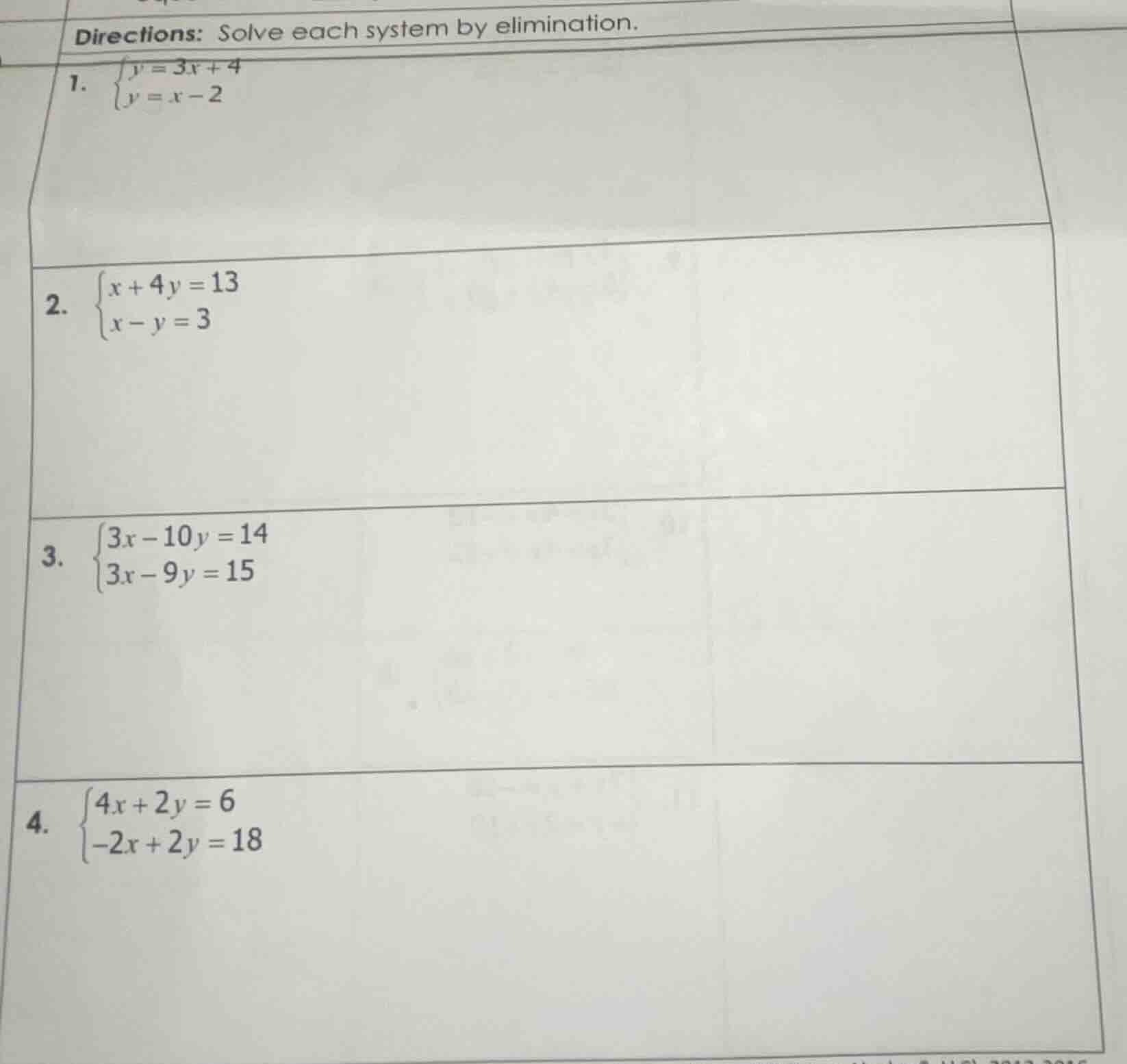 directions: solve each system by elimination. 1. $\\begin{cases} y=3x+4…