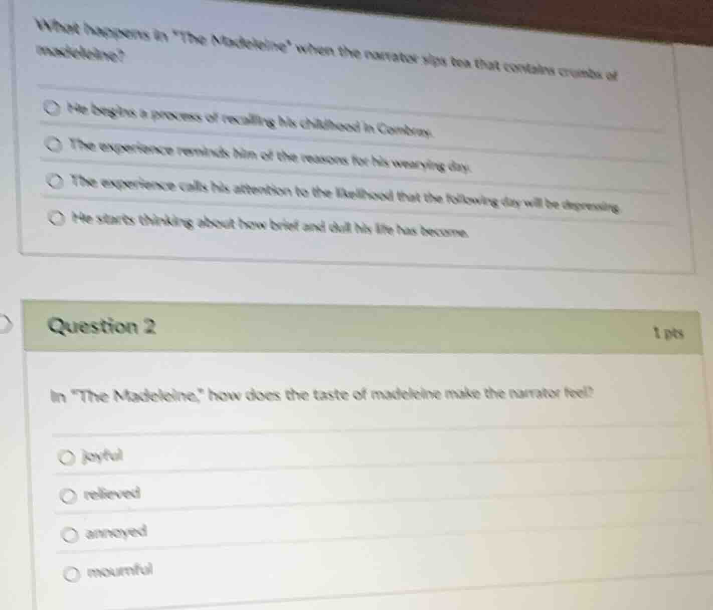 what happens in \the madeleine\ when the narrator sips tea that contain…