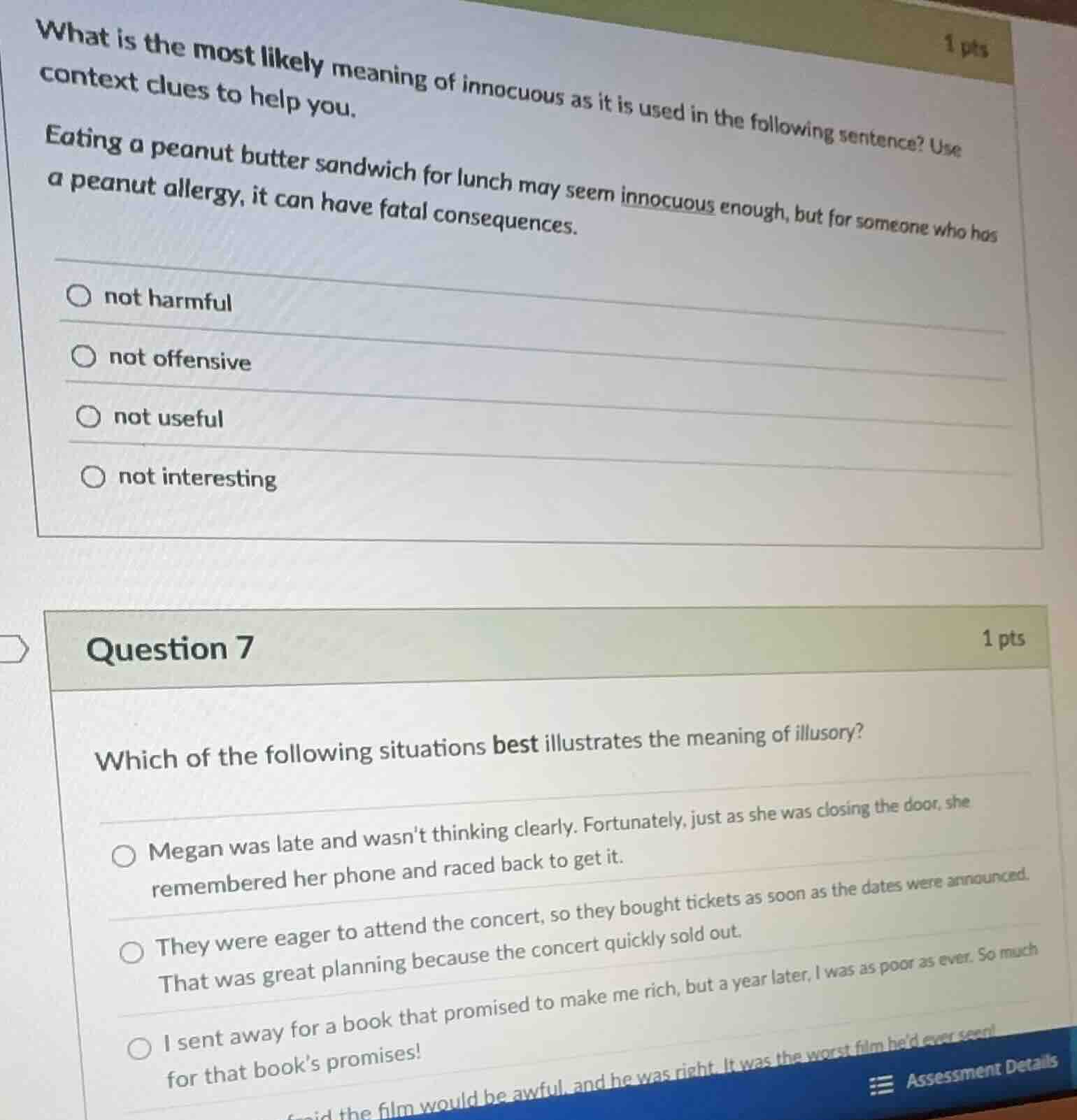 1 pts what is the most likely meaning of innocuous as it is used in the…