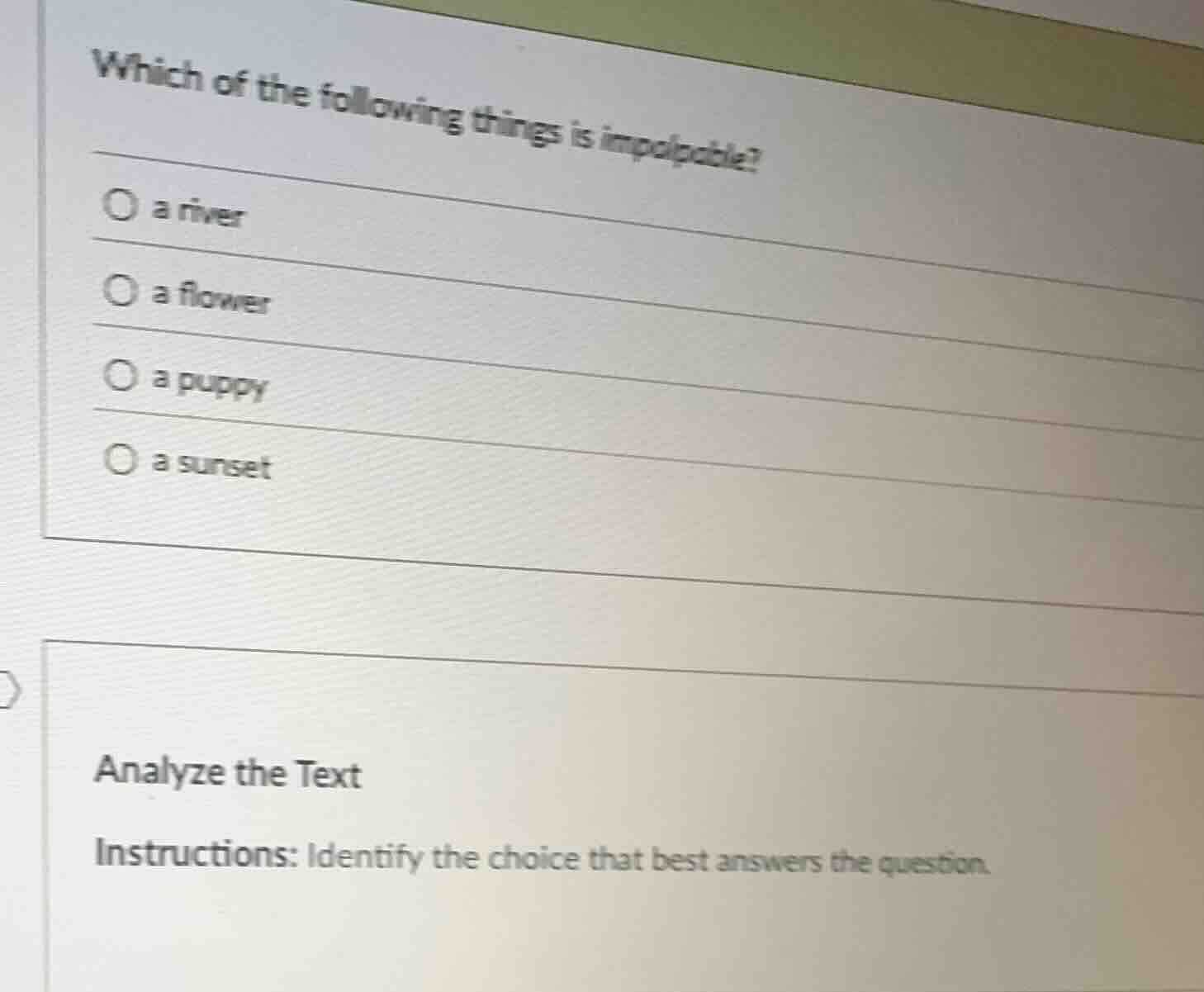 which of the following things is impalpable?○ a river○ a flower○ a pupp…