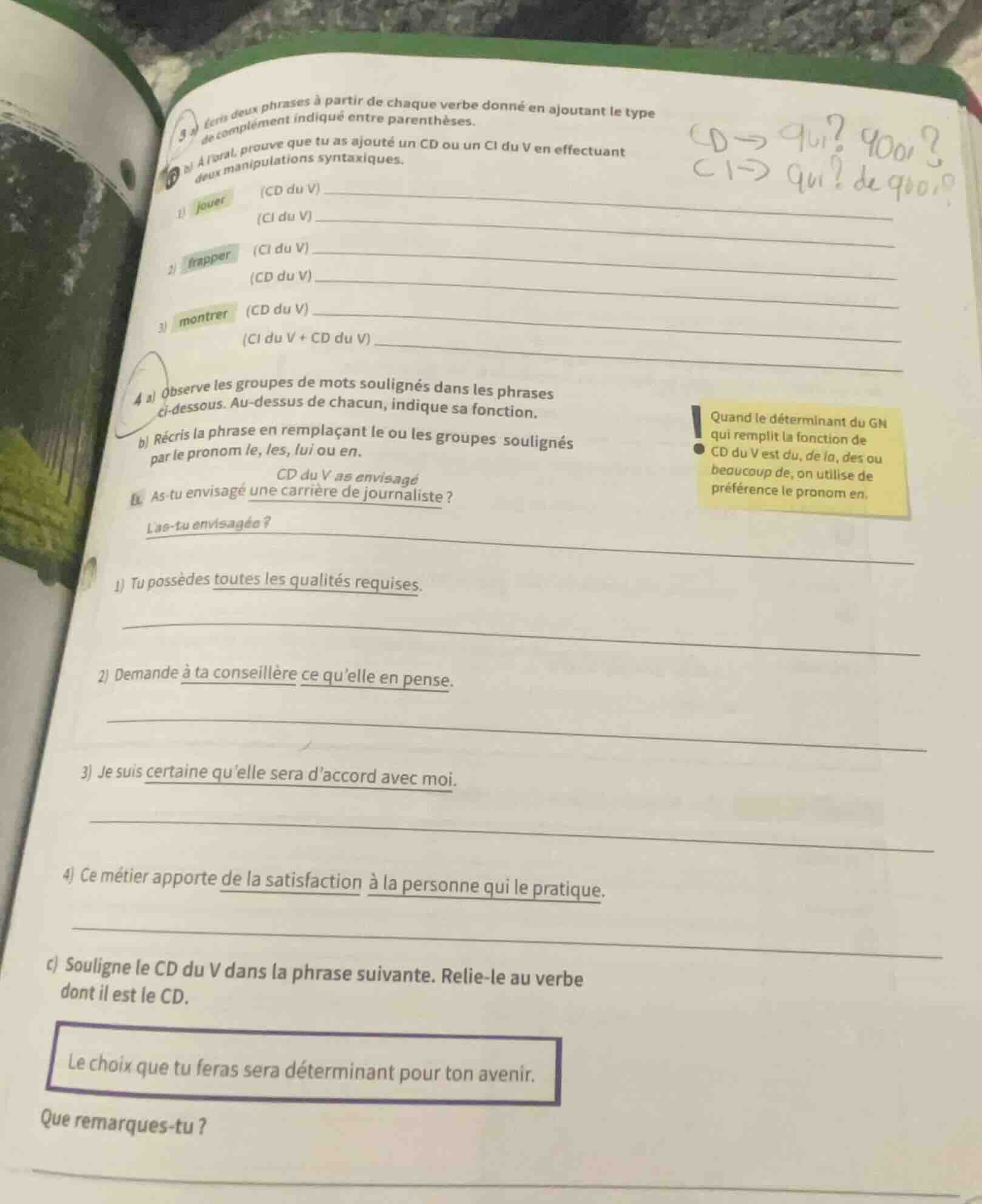 3 a) écris deux phrases à partir de chaque verbe donné en ajoutant le t…