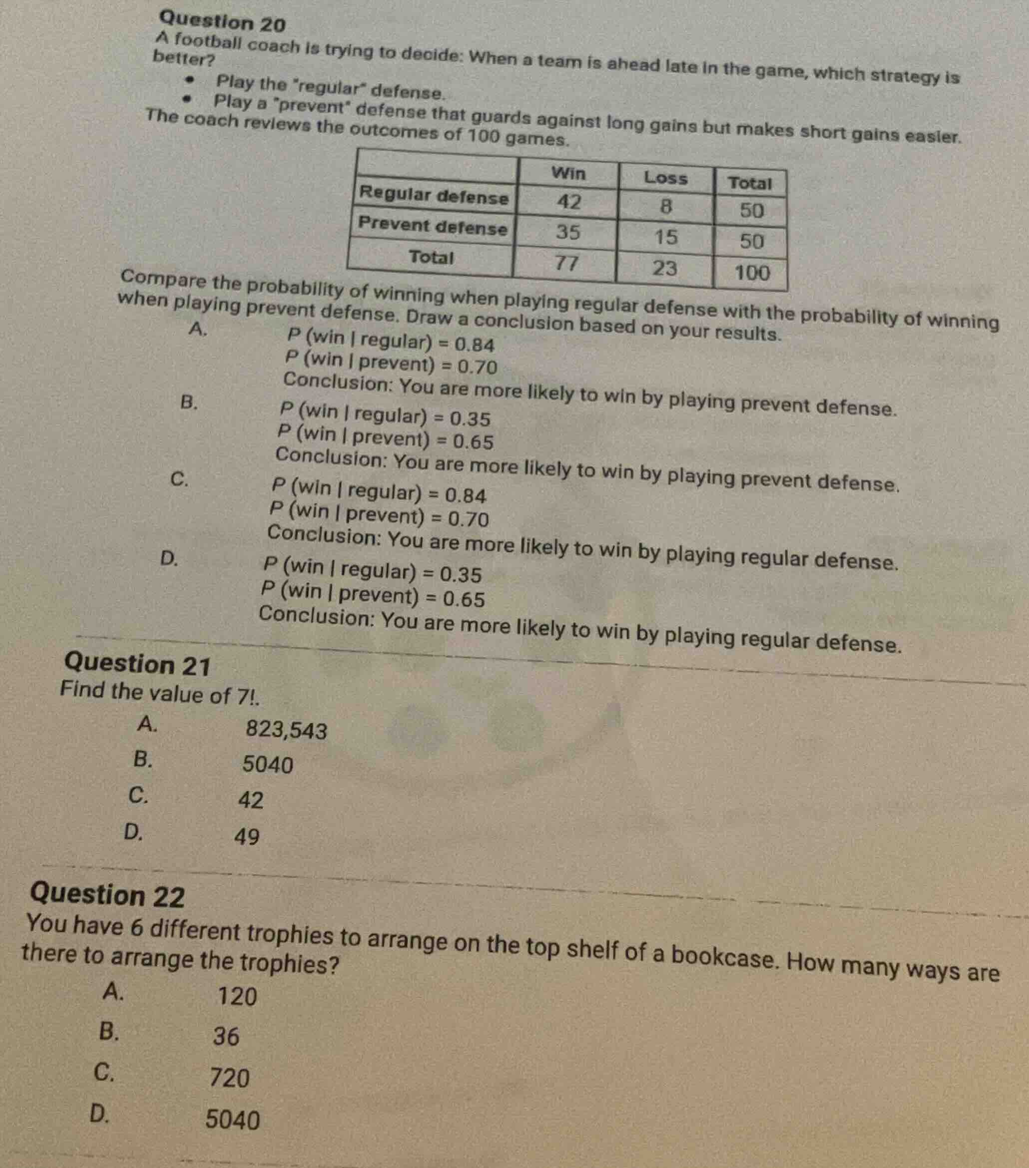 question 20 a football coach is trying to decide: when a team is ahead …
