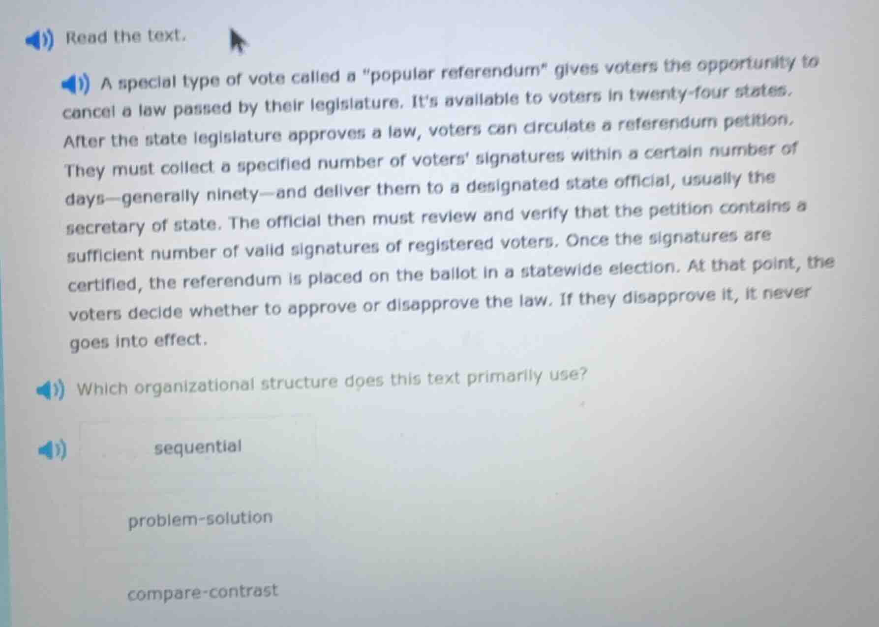 read the text. a special type of vote called a \popular referendum\ giv…