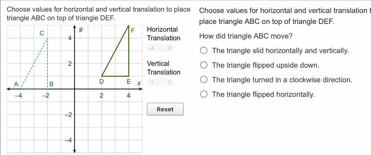 choose values for horizontal and vertical translation to place triangle…