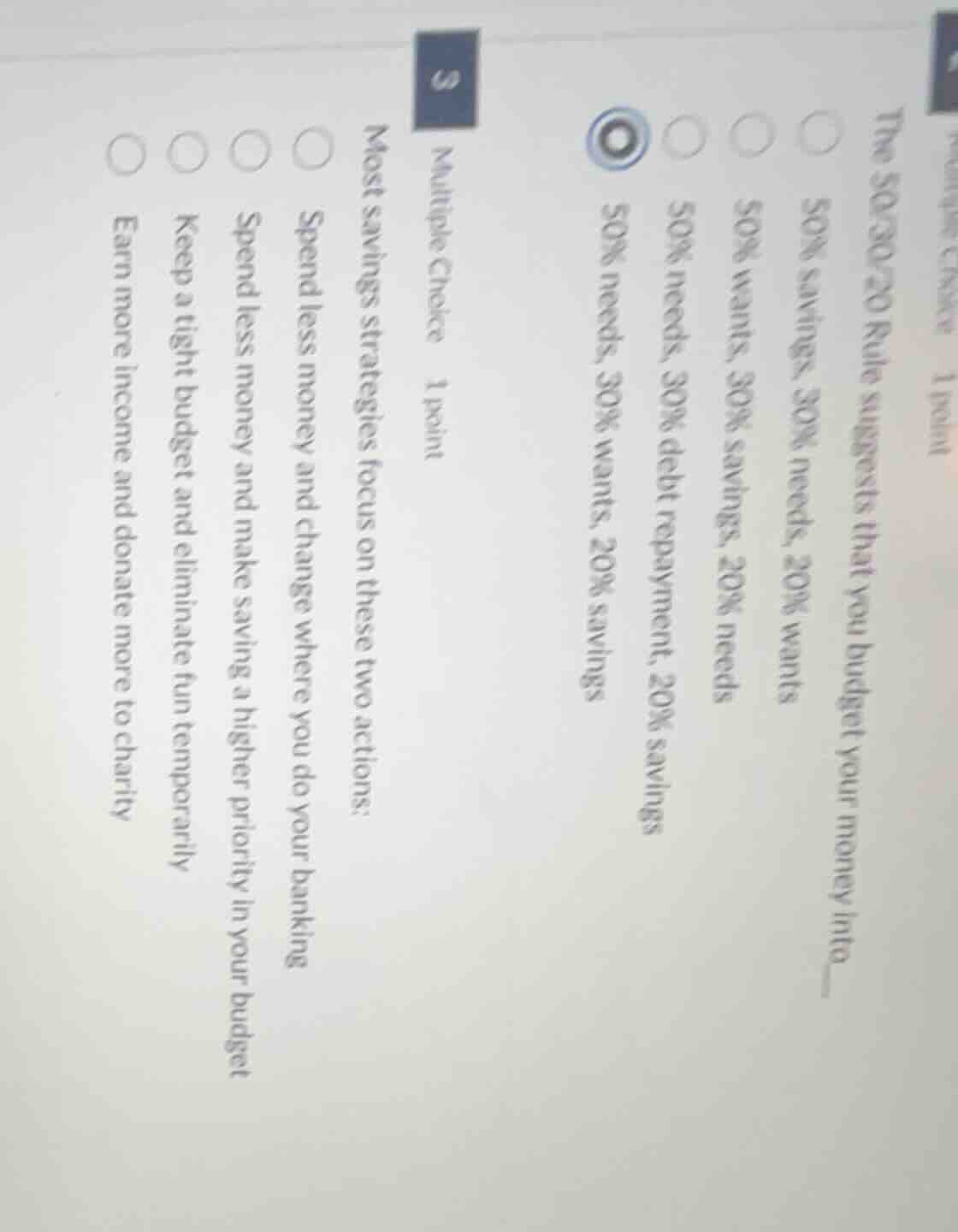 multiple choice 1 point the 50/30/20 rule suggests that you budget your…