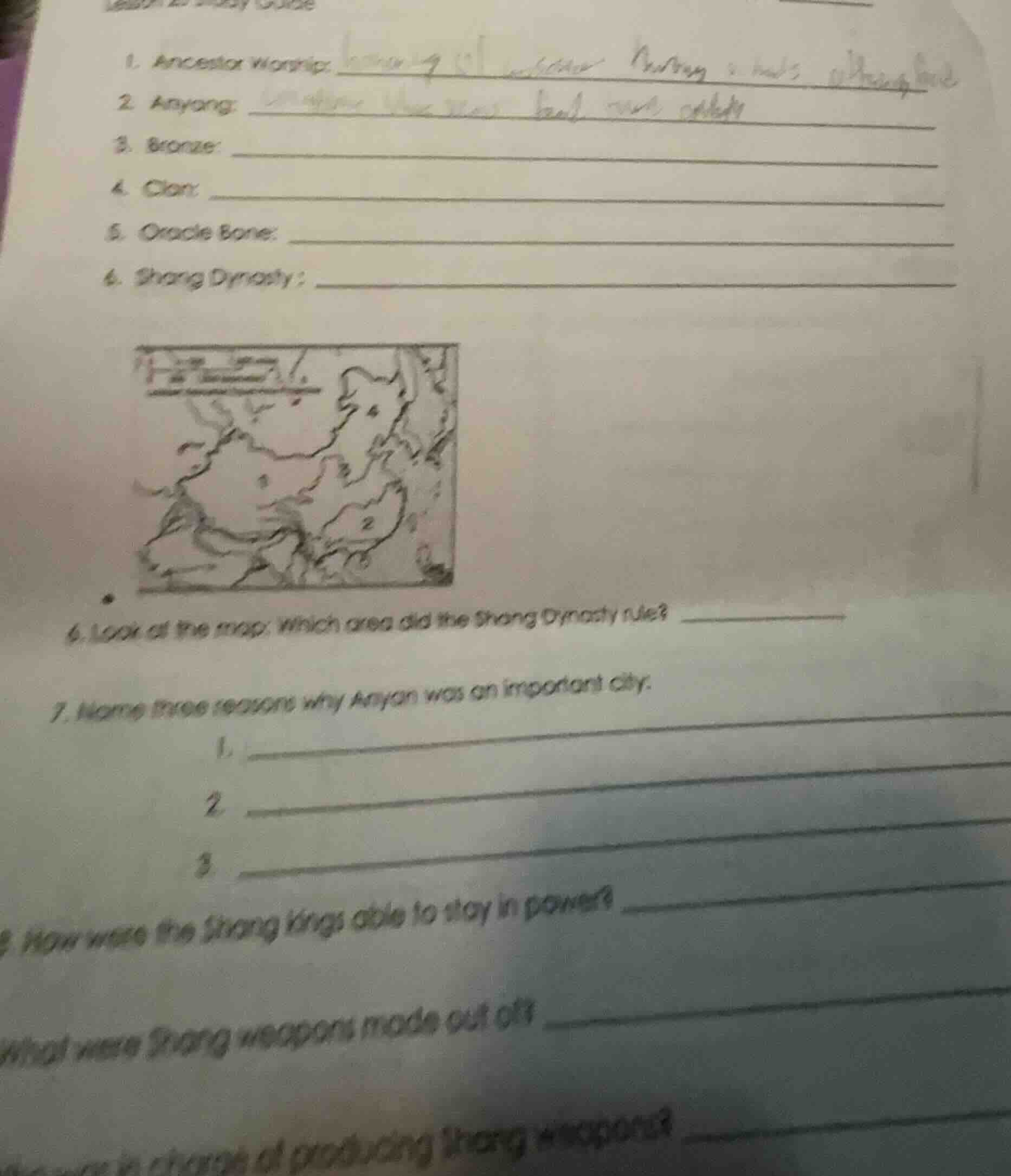 1. ancestor worship: _______2. anyang: _______3. bronze: _______4. clan…
