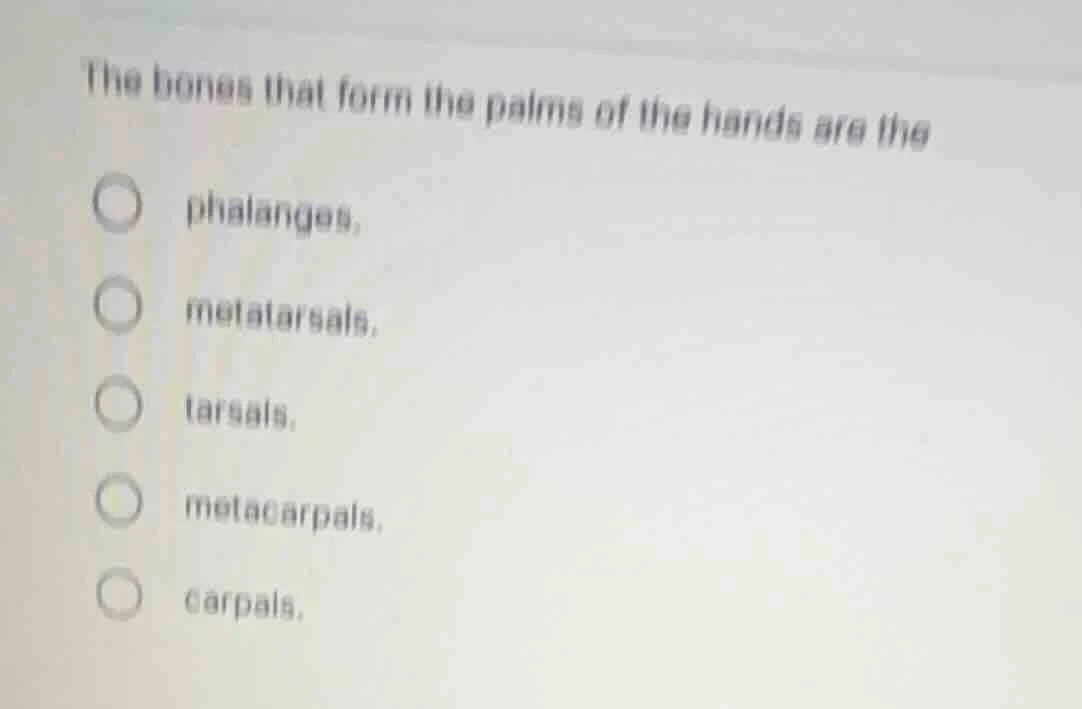 the bones that form the palms of the hands are the ○ phalanges. ○ metat…