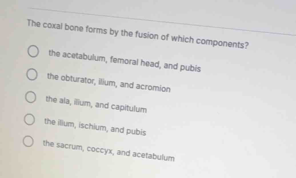 the coxal bone forms by the fusion of which components? the acetabulum,…