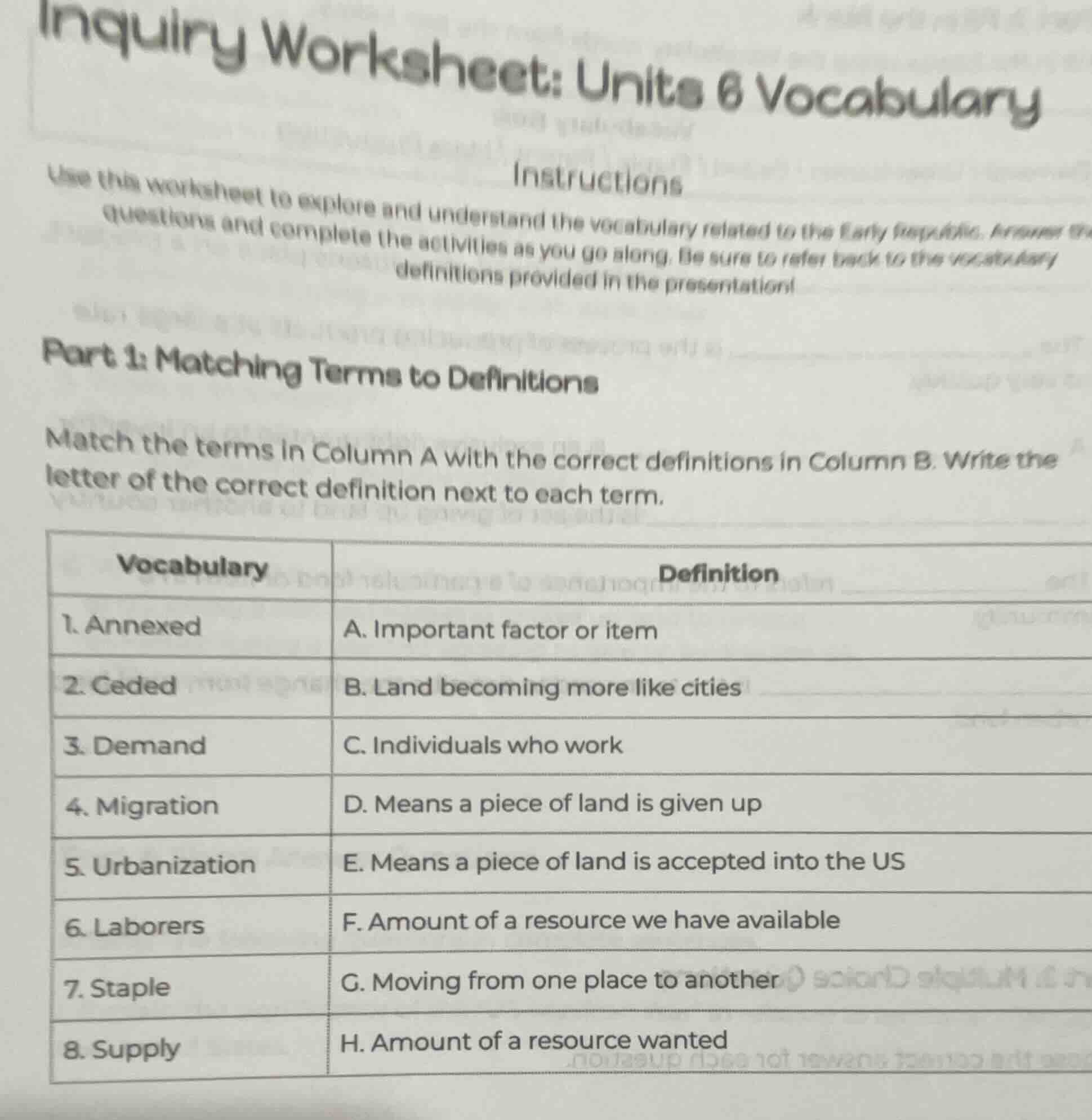 inquiry worksheet: unit 6 vocabulary instructions use this worksheet to…