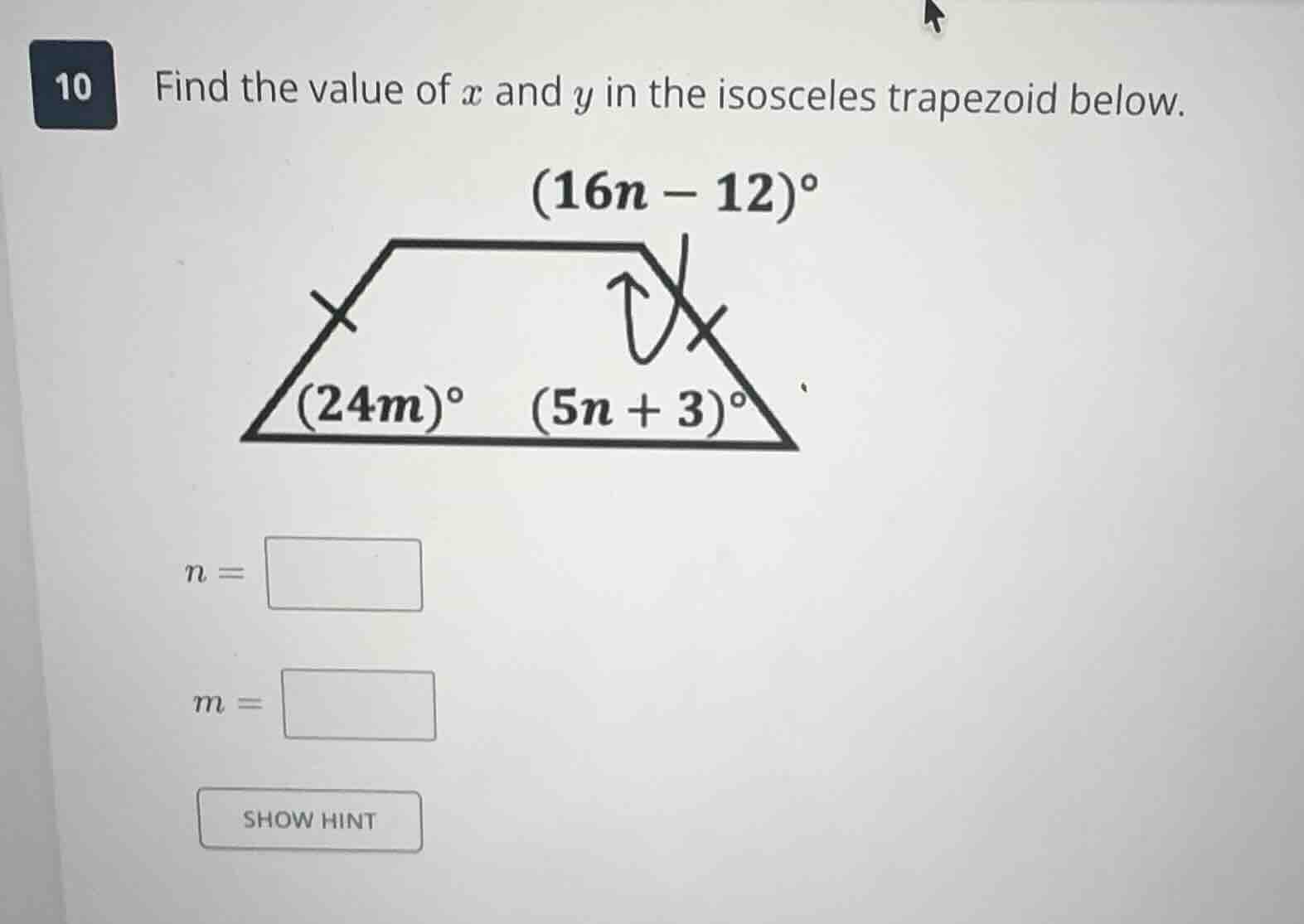 10 find the value of $x$ and $y$ in the isosceles trapezoid below.$(16n…