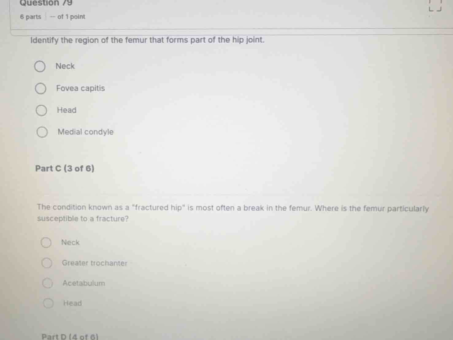 question 79 6 parts | -- of 1 point identify the region of the femur th…