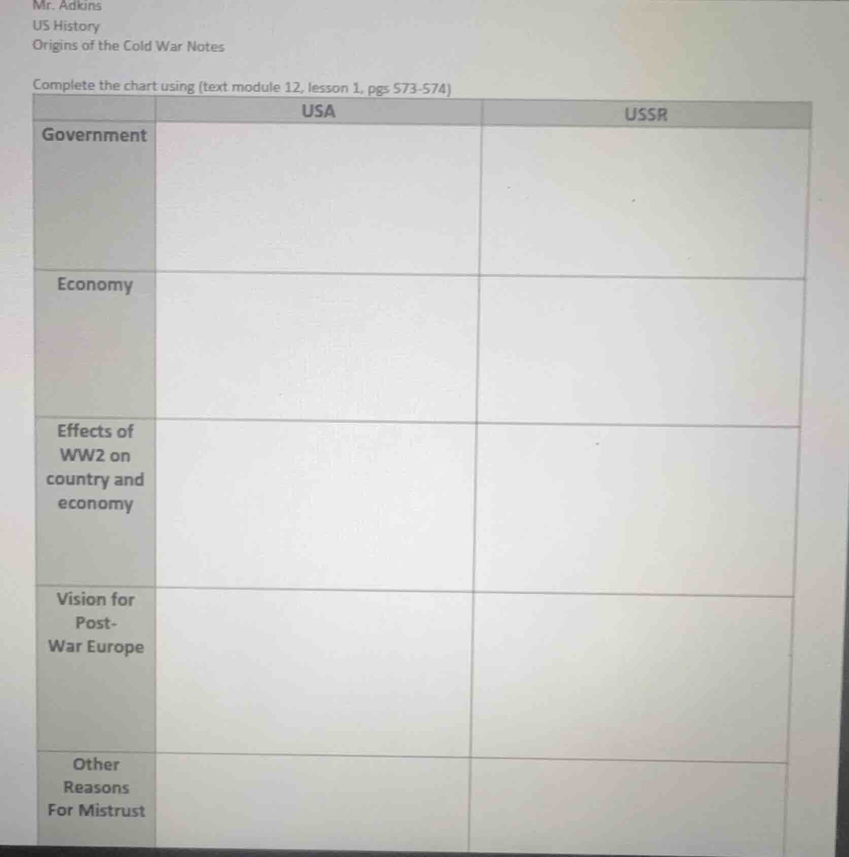 mr. adkins us history origins of the cold war notes complete the chart …