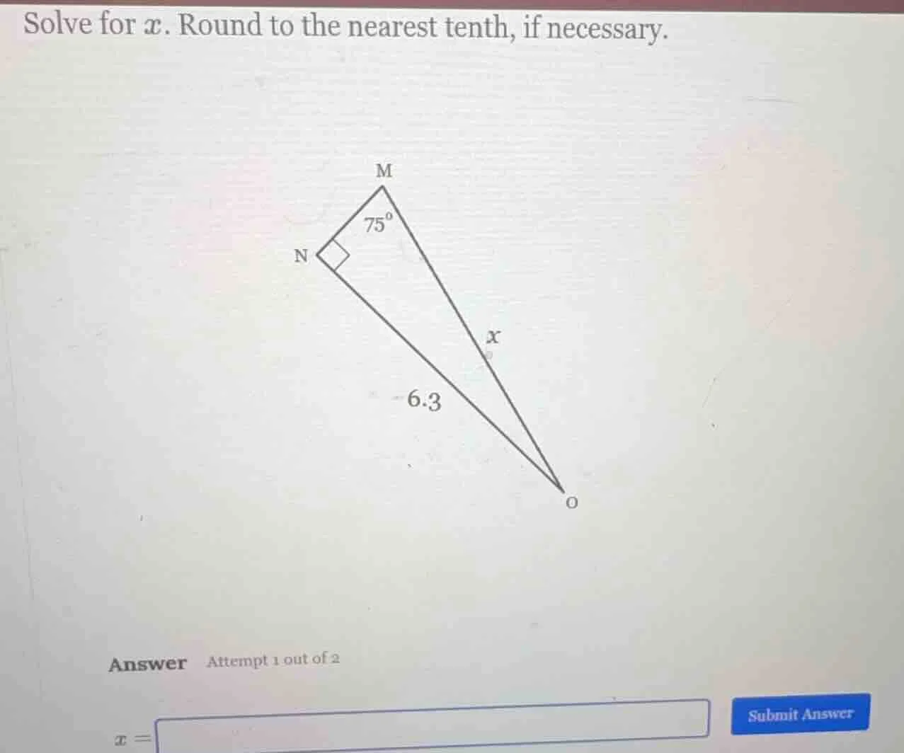 solve for $x$. round to the nearest tenth, if necessary. answer attempt…
