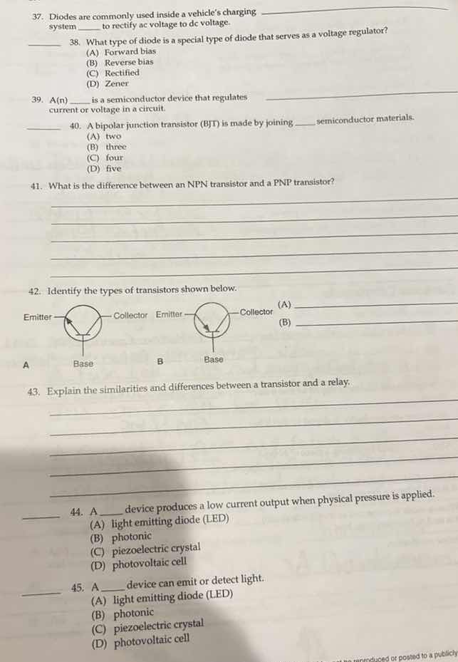 37. diodes are commonly used inside a vehicles charging system ______ t…