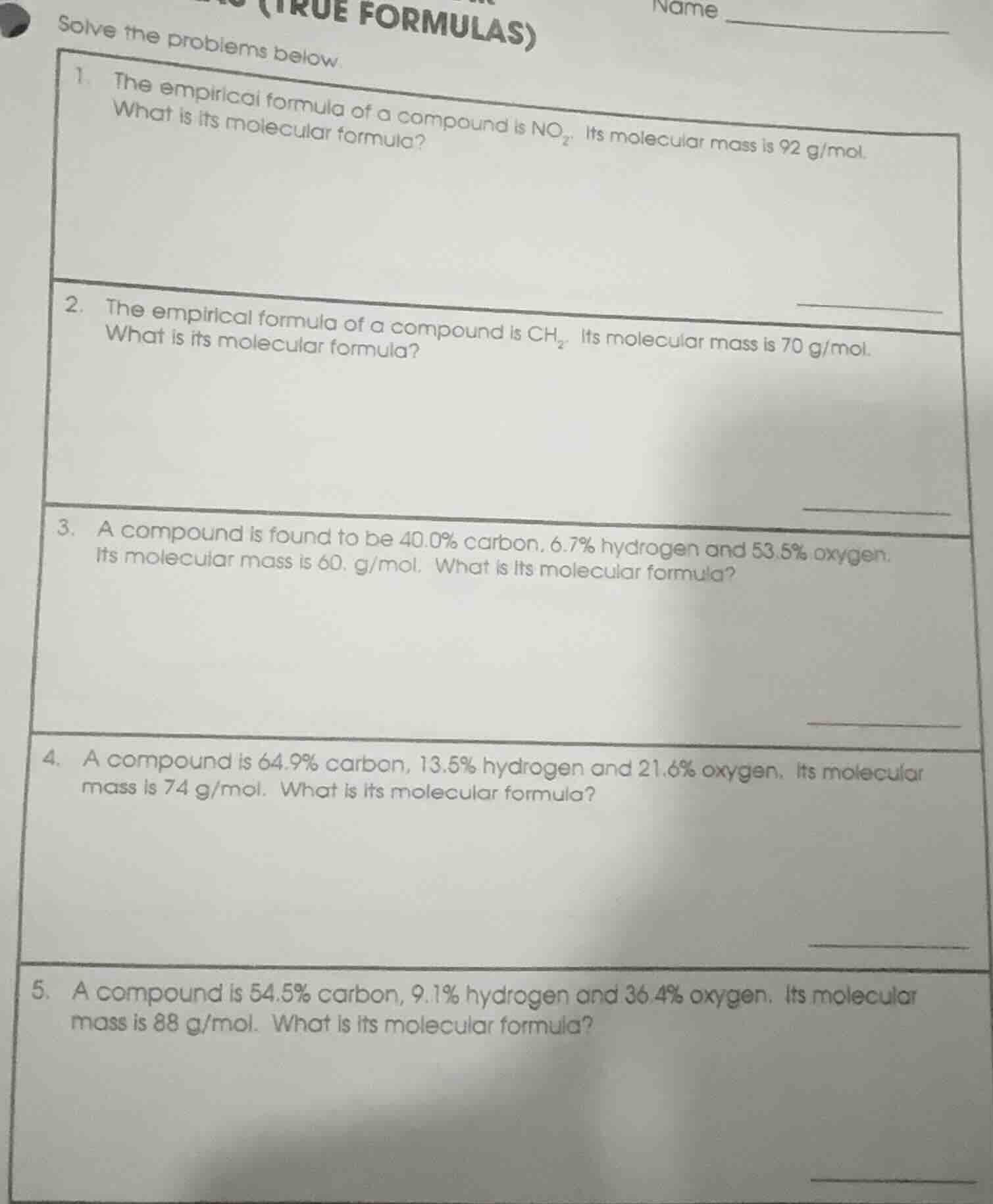 (true formulas) name _______________ solve the problems below 1. the em…