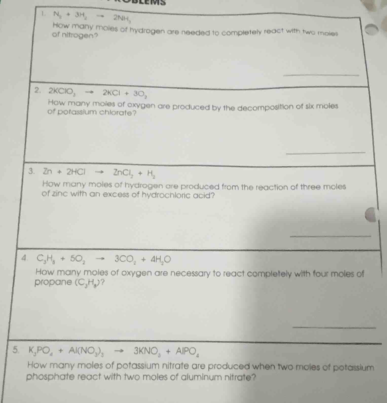 problems 1. $ce{n_{2} + 3h_{2} -> 2nh_{3}}$ how many moles of hydrogen …