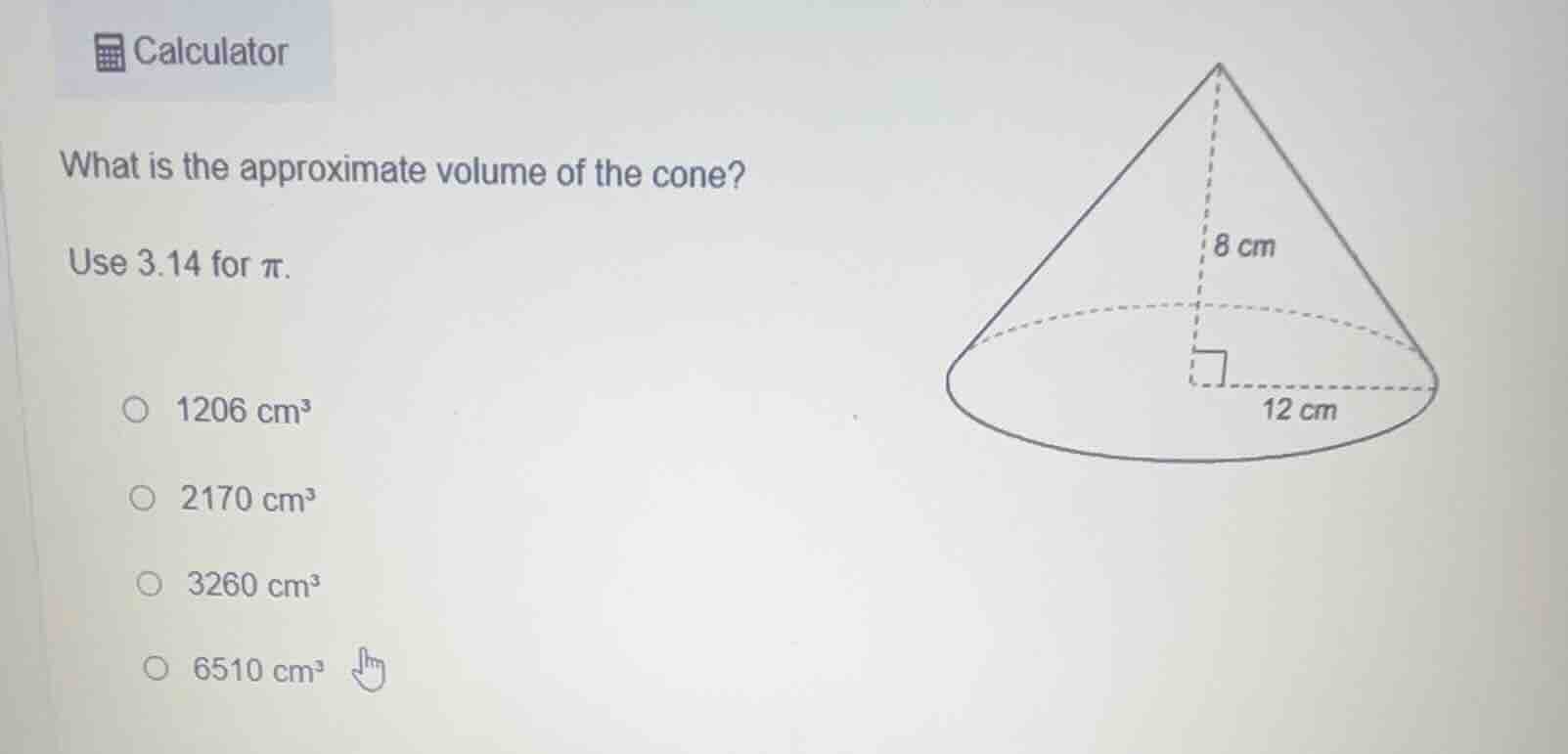 calculator what is the approximate volume of the cone? use 3.14 for $pi…