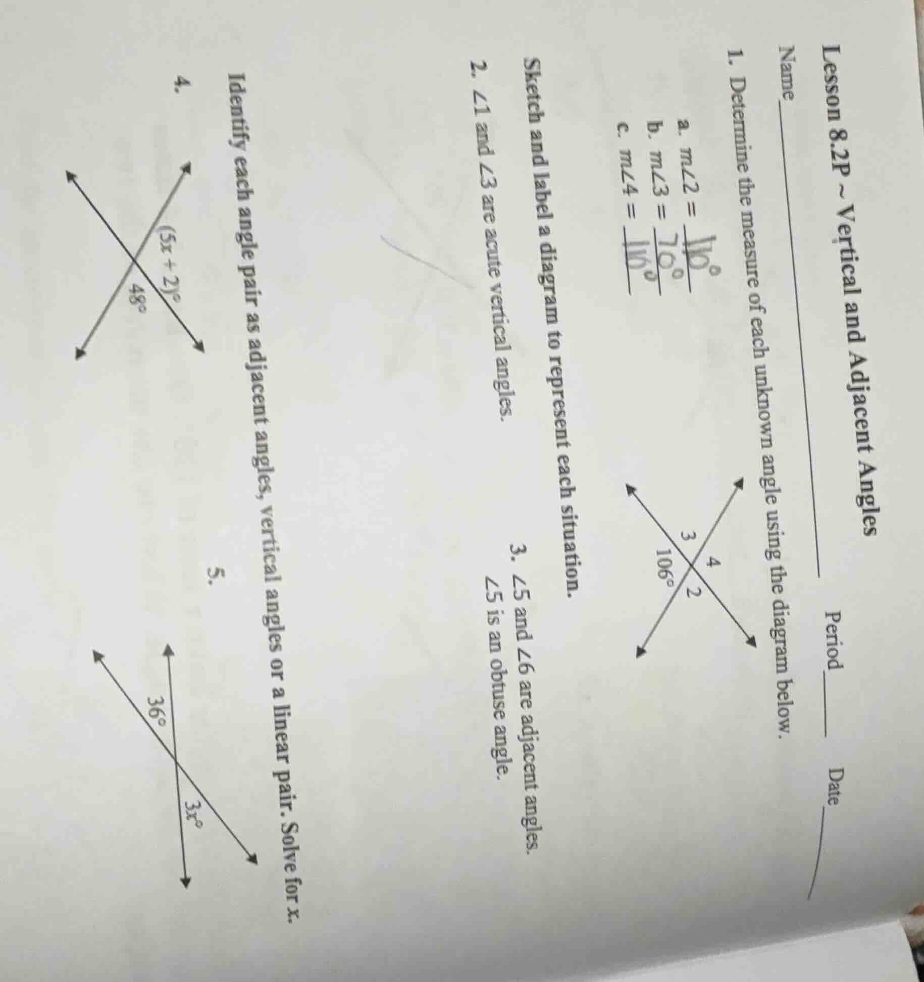 lesson 8.2p ~ vertical and adjacent angles name _______________________…