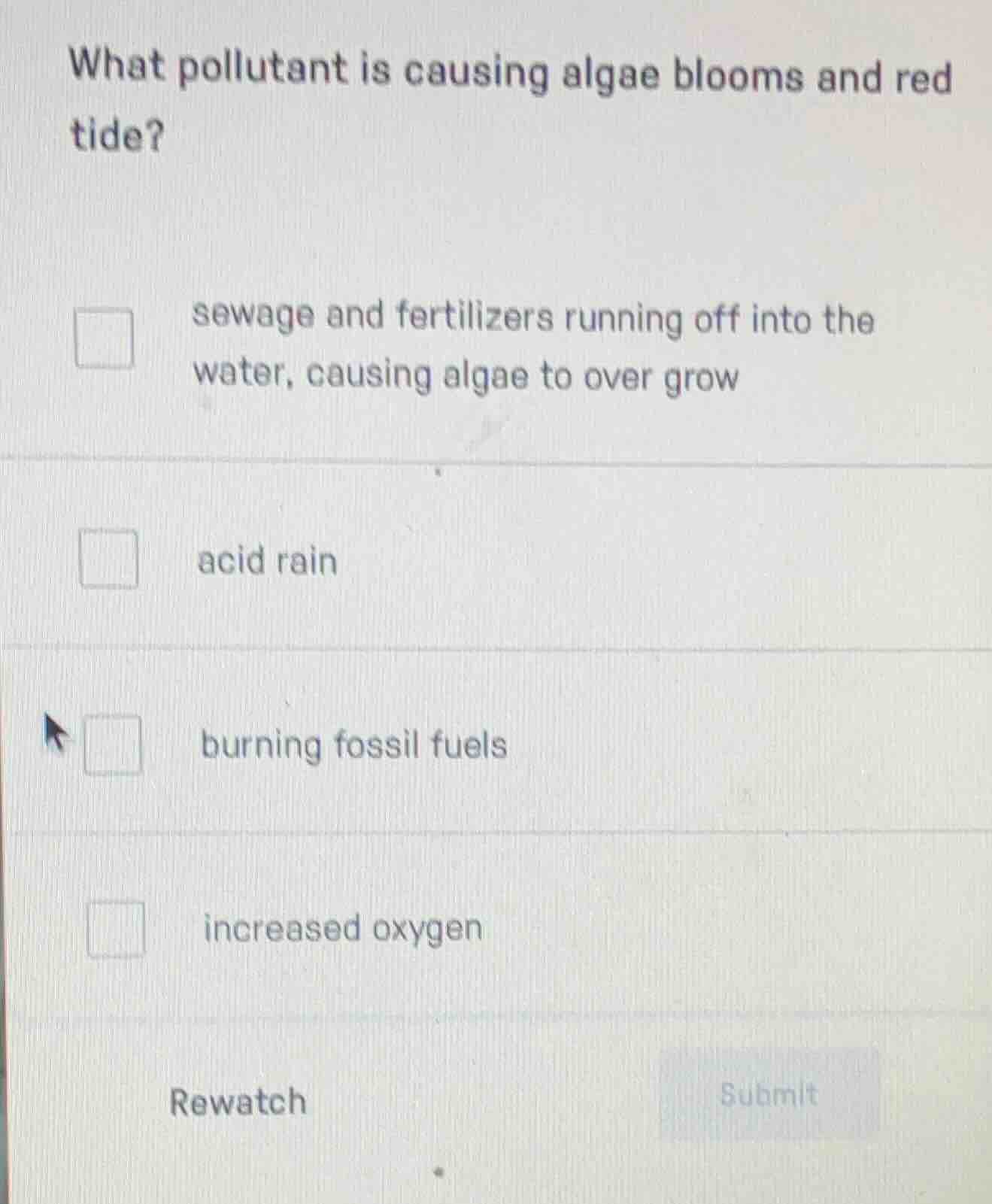 what pollutant is causing algae blooms and red tide?sewage and fertiliz…