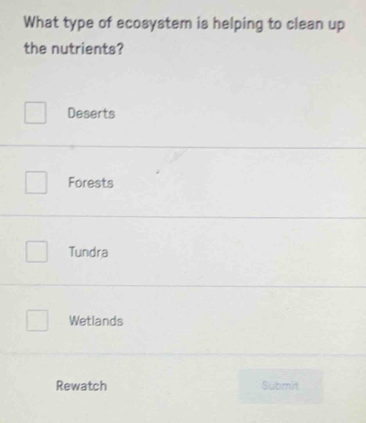 what type of ecosystem is helping to clean up the nutrients? deserts fo…