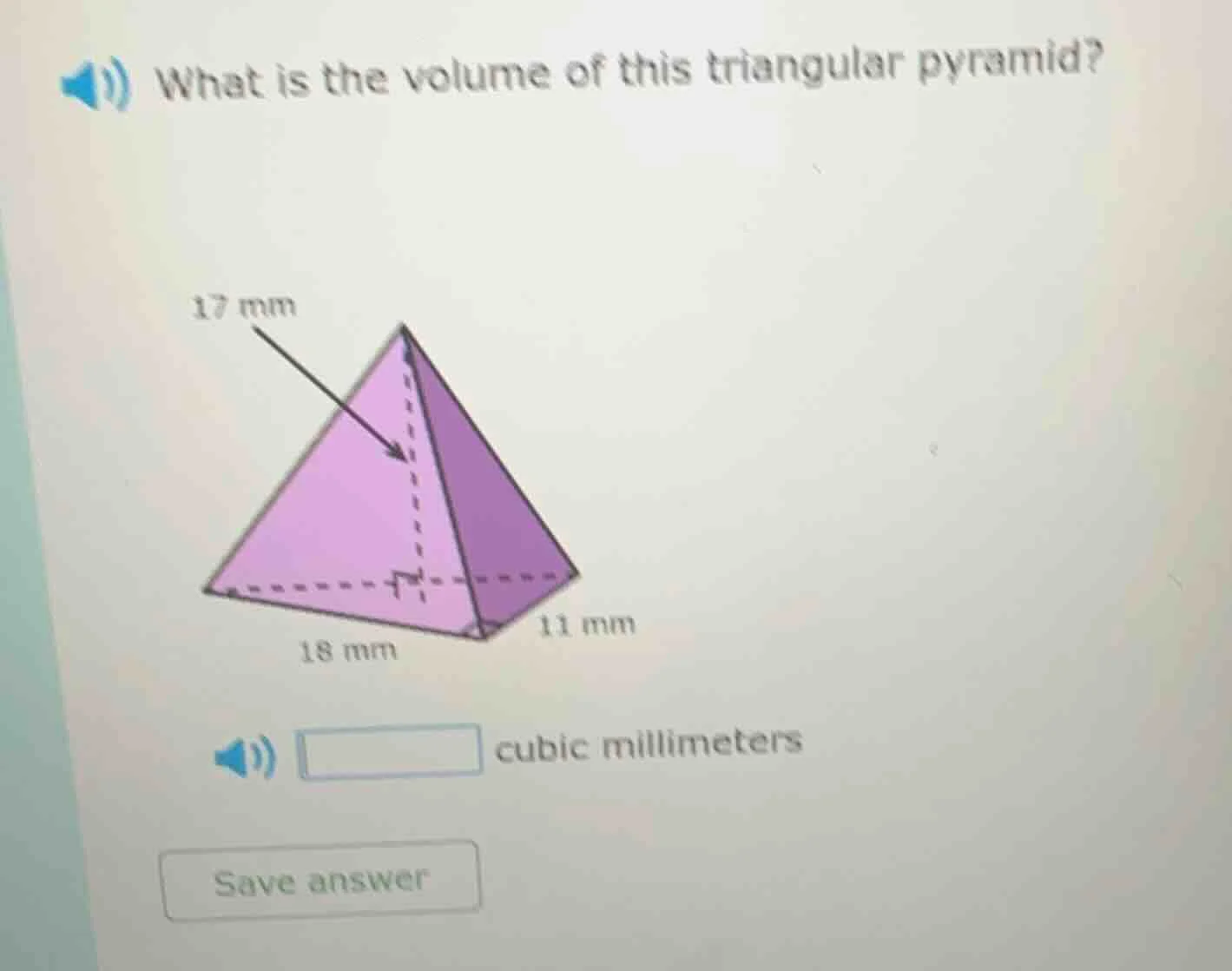 what is the volume of this triangular pyramid? 17 mm 18 mm 11 mm cubic …