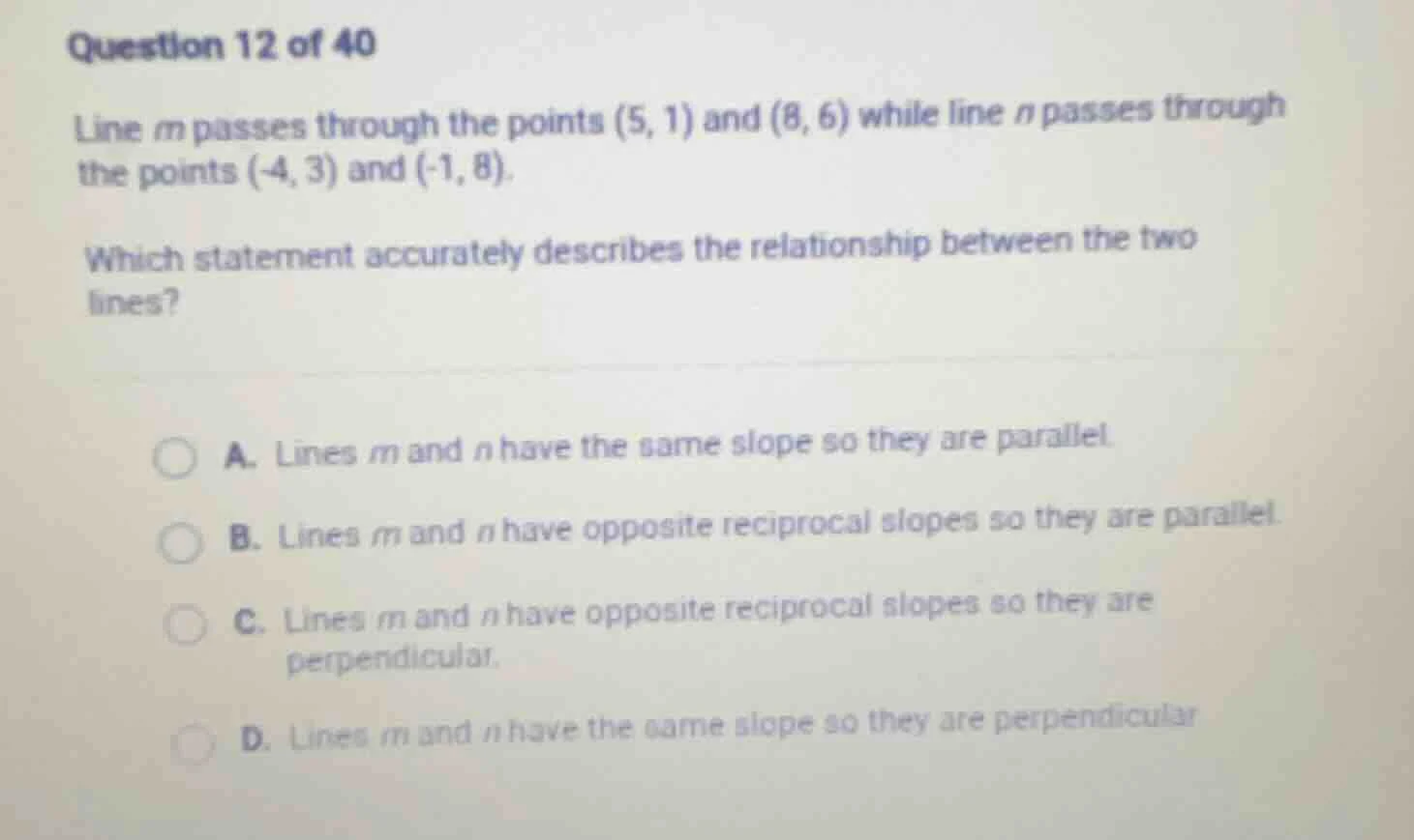 question 12 of 40 line m passes through the points (5, 1) and (8, 6) wh…