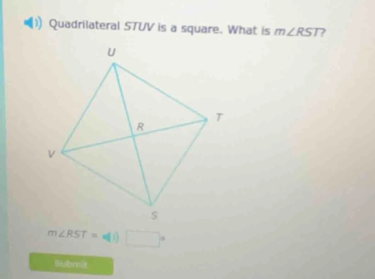 quadrilateral stuv is a square. what is $m\\angle rst$? $m\\angle rst =…