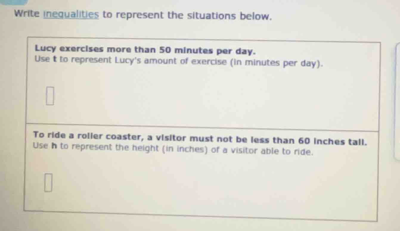 write inequalities to represent the situations below. lucy exercises mo…