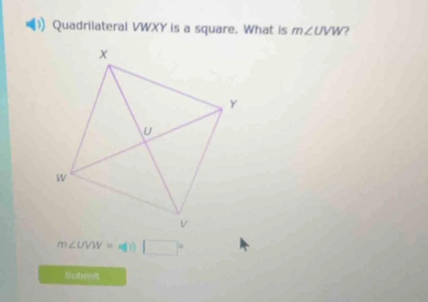 quadrilateral vwxy is a square. what is $m\\angle uvw$? $m\\angle uvw =…