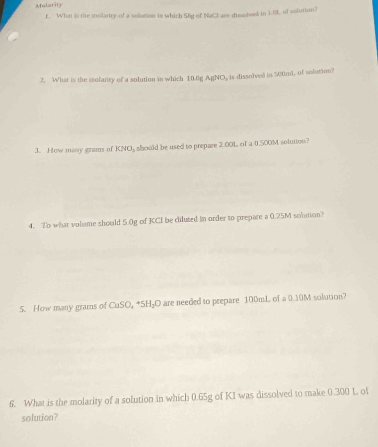 molarity 1. what is the molarity of a solution in which 58g of nacl are…