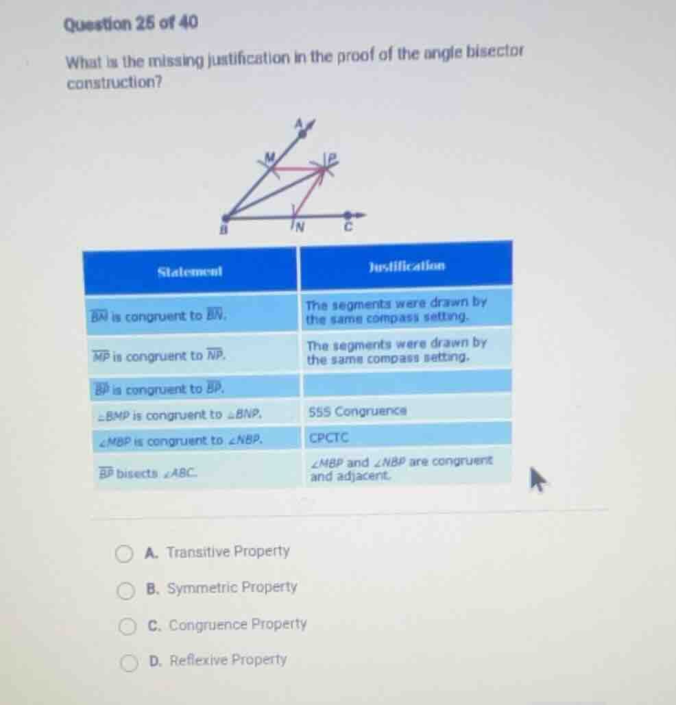 question 25 of 40 what is the missing justification in the proof of the…